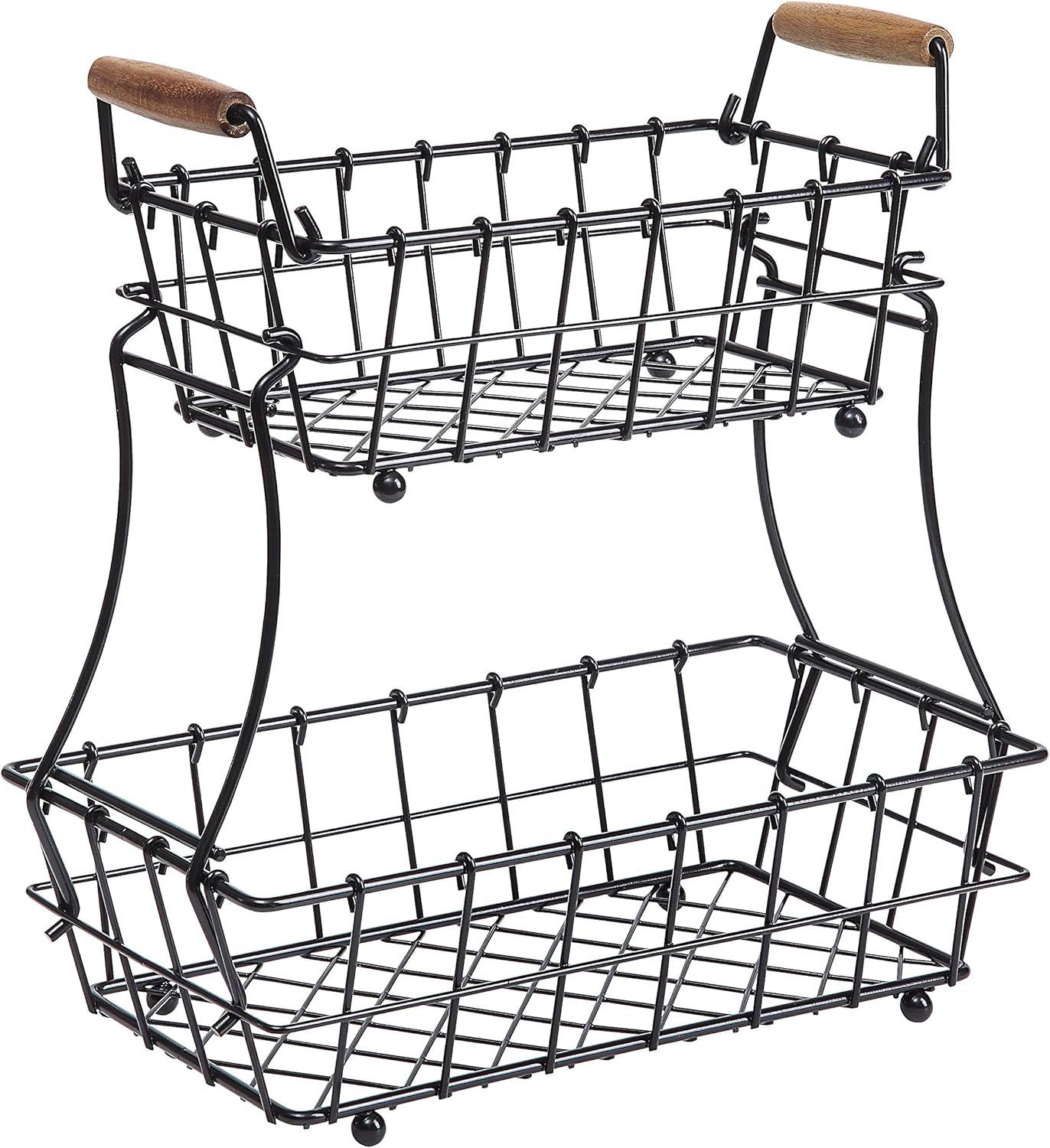 SunnyPoint 2-Tier Rectangle Countertop Fruit, Bread Wire Basket (Black, Metal)