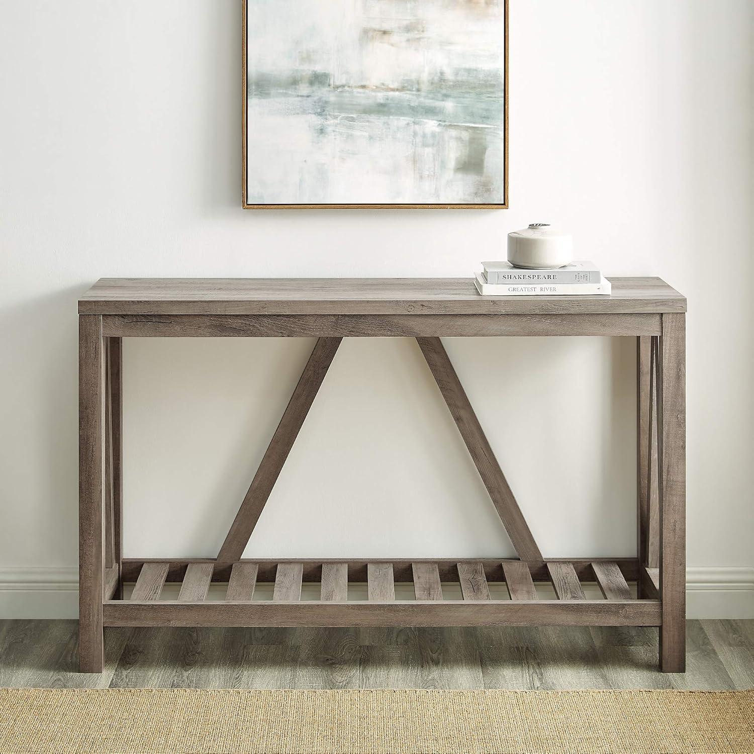 Rustic Oak and Walnut A-Frame Console Table with Storage