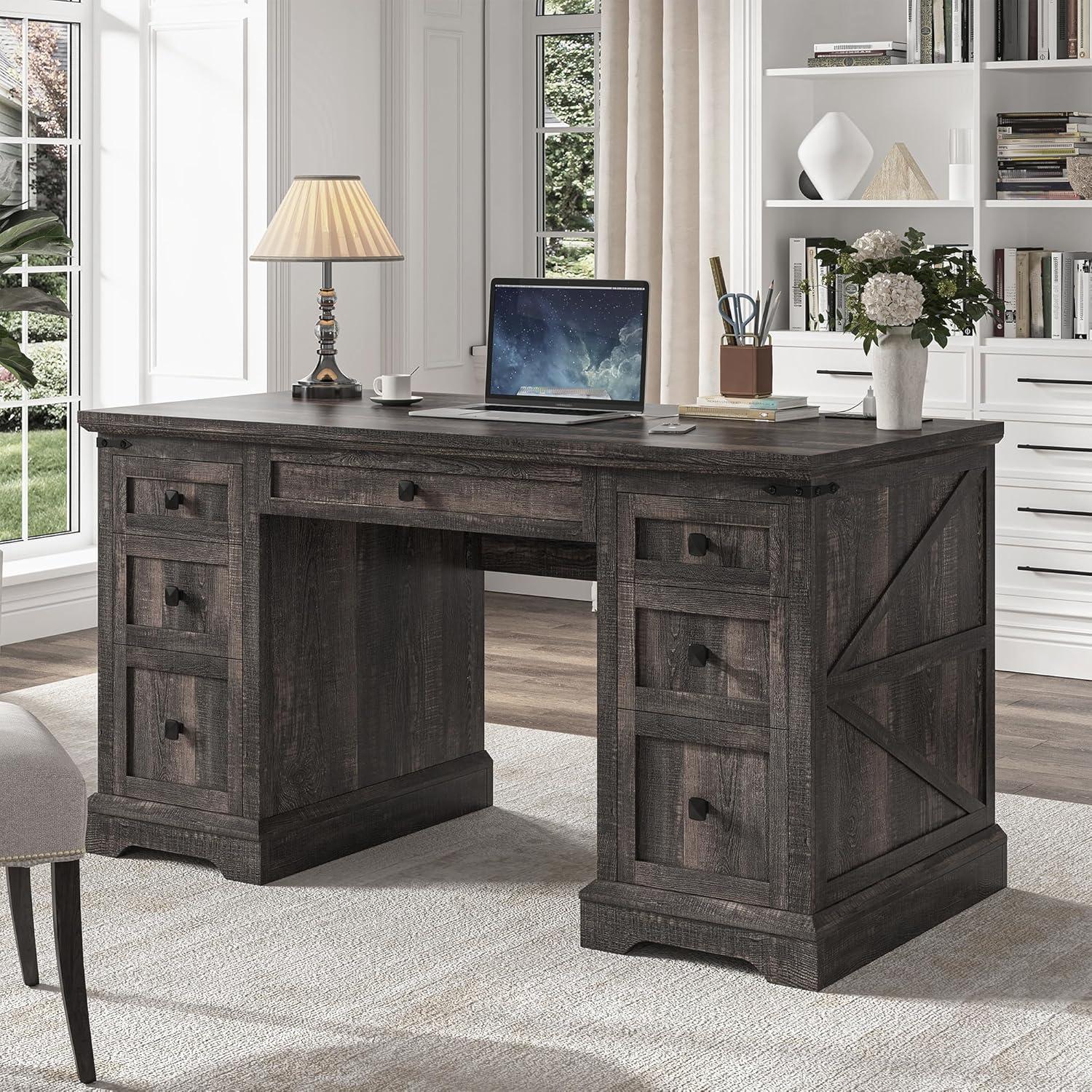 August Grove® 55'' W Computer Desk With Outlet, Farmhouse Executive Desk With 7 Drawers For Office Home