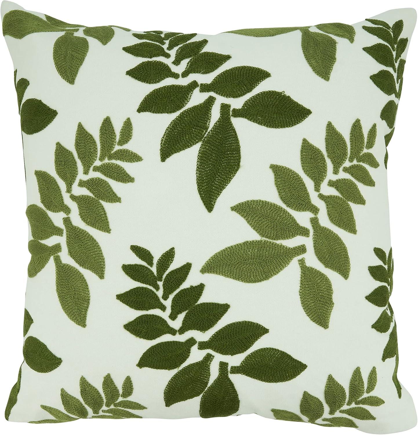 22" Green and White Embroidered Square Throw Pillow