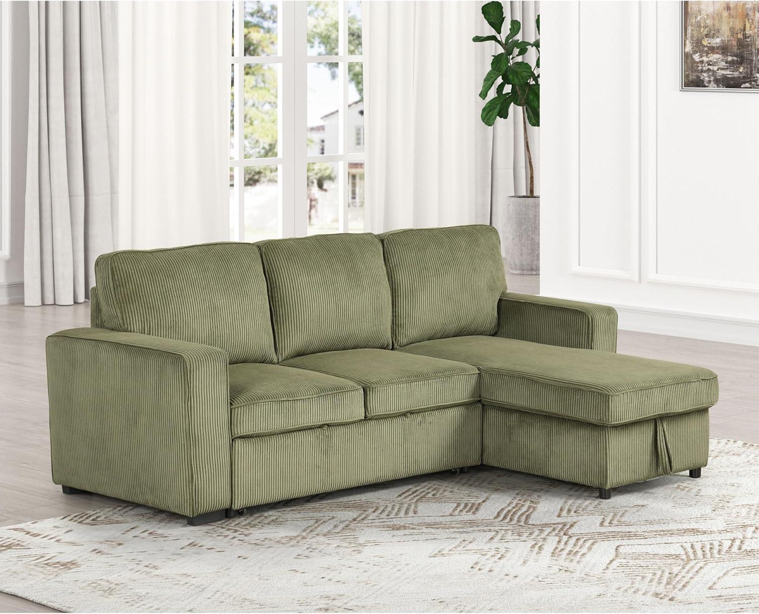 HOMES: Inside + Out Paeke Sleeper Sectional Sofa Corduroy with Storage Chaise and Reversible Green