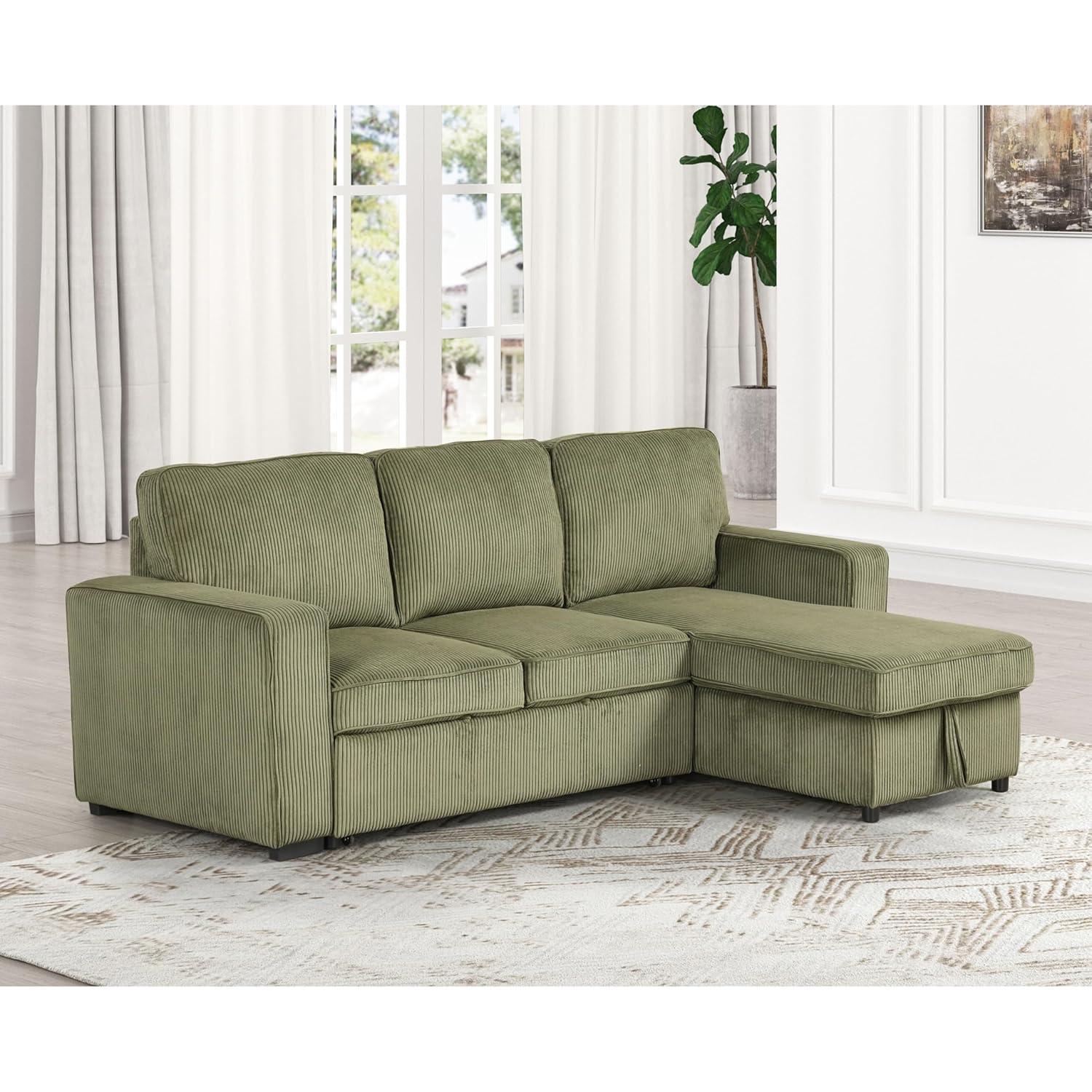 HOMES: Inside + Out Paeke Sleeper Sectional Sofa Corduroy with Storage Chaise and Reversible Green