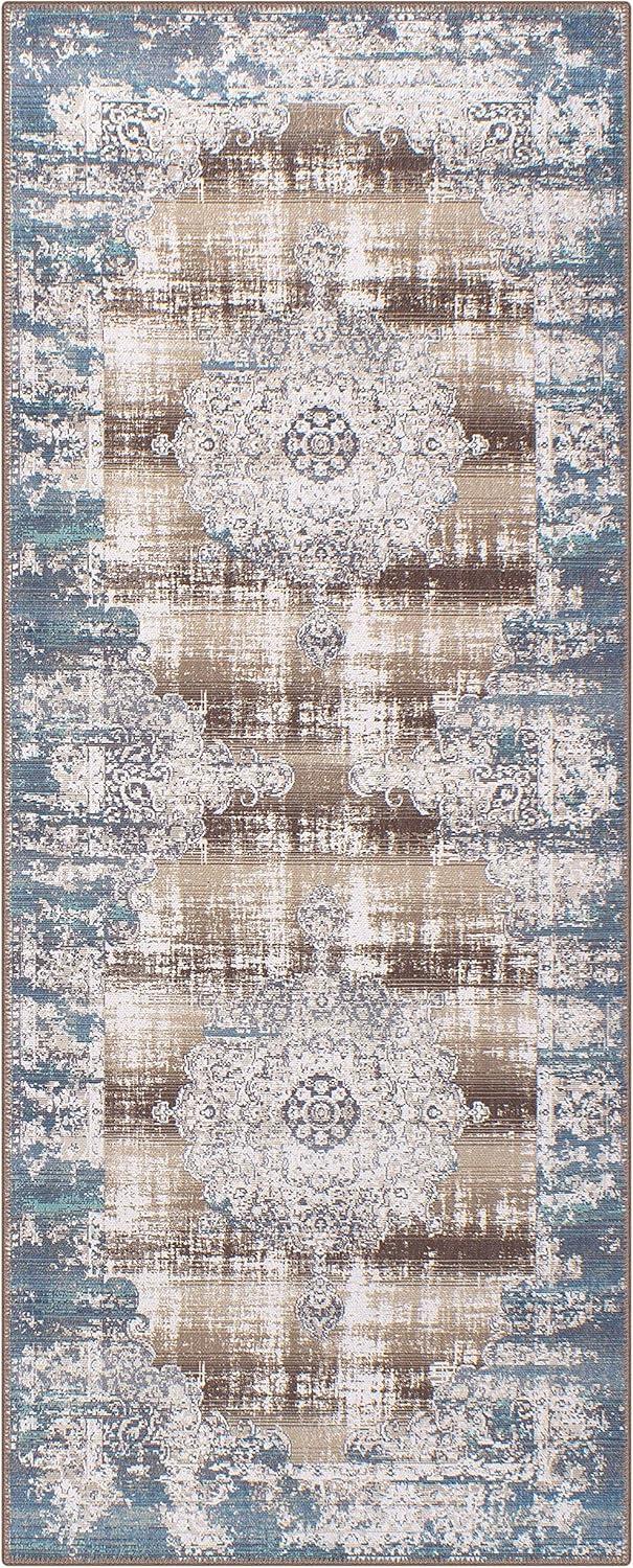 GLN Rugs Agean- Machine Washable Area Rug - 6'6"x9'6" Turkish Vintage Rug Blue