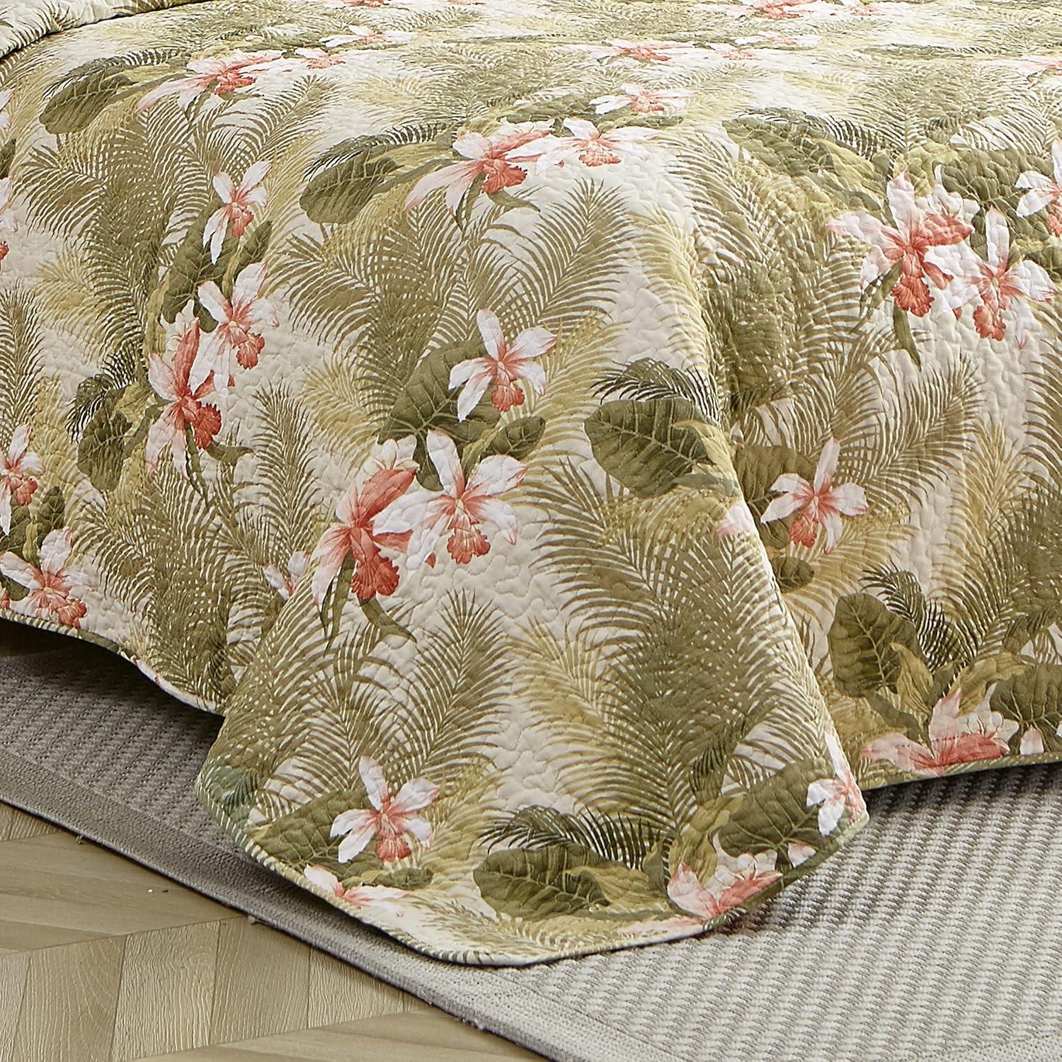 Tommy Bahama Tropical Orchid Green Cotton Reversible Quilt Set