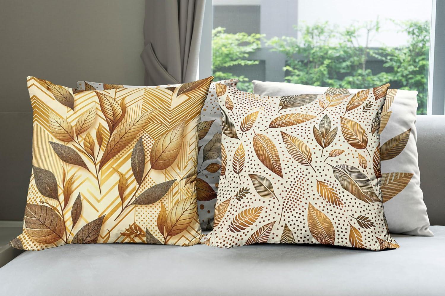 Ambesonne Leaf Print Throw Pillow Cover 4 Pack, Branches in Fall Colors, 16", Ginger Brown and Cream