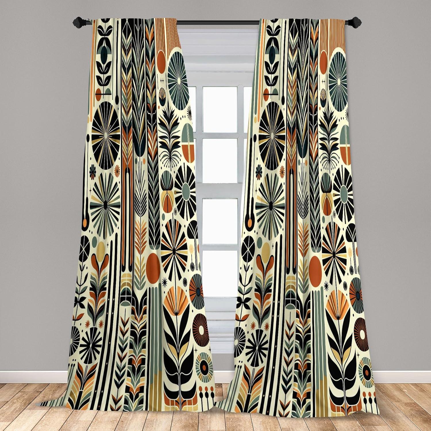 Ambesonne Bohemian Curtains 2 Panel Set, Retro Mid Century Abstract, Pair of - 28" x 95", Dark Orange and Reseda Green