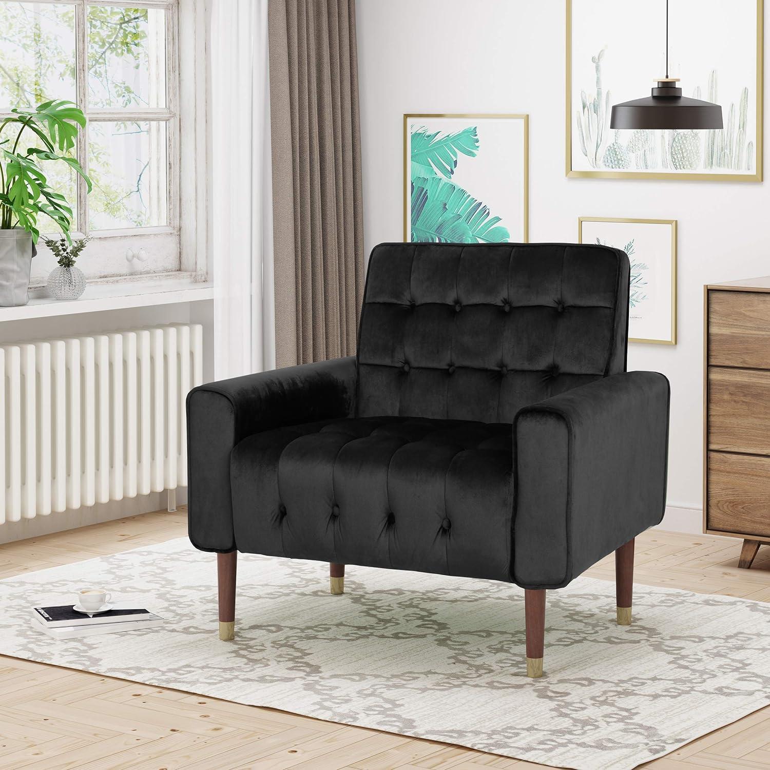 Black Velvet Modern Glam Accent Chair with Birch Legs