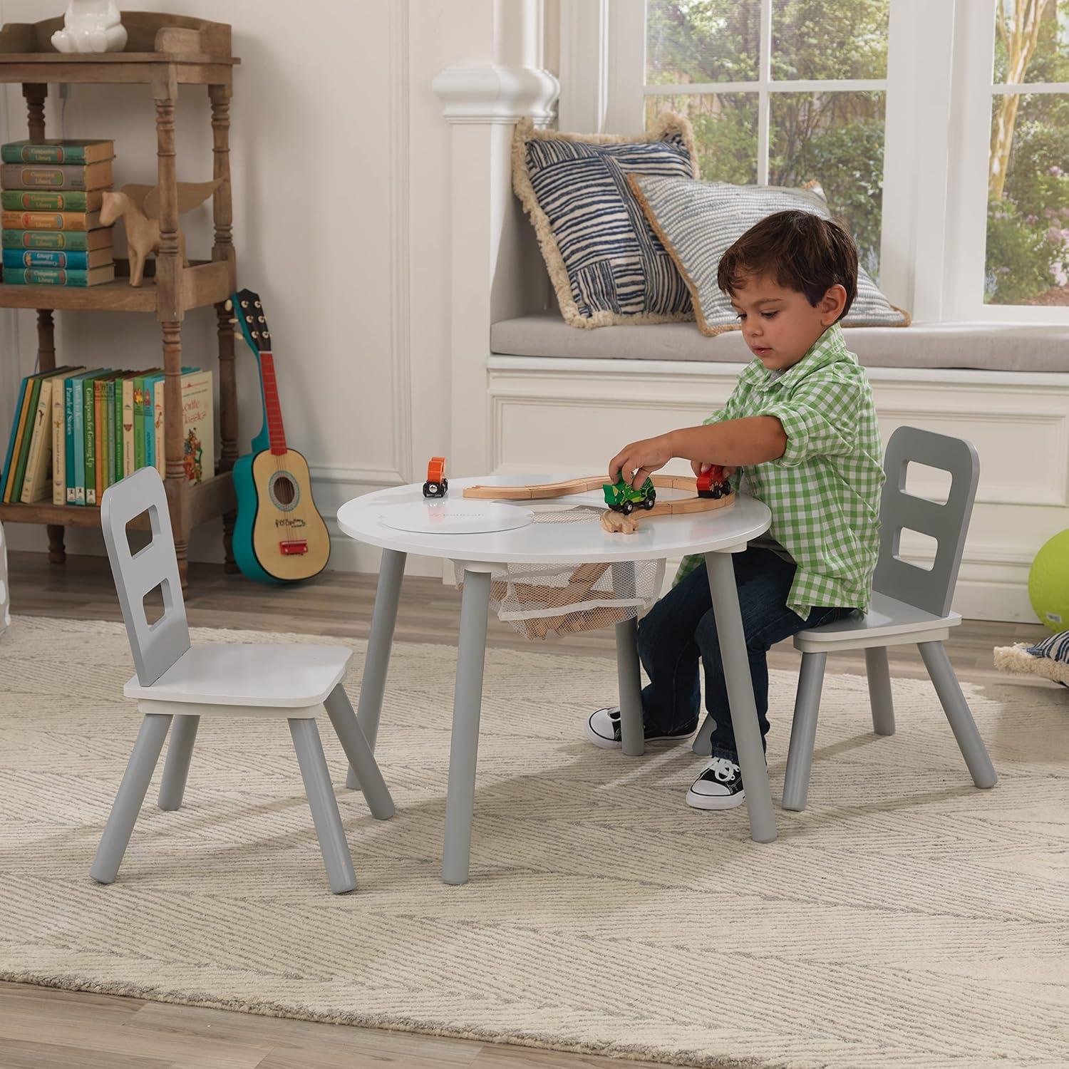 KidKraft Wooden Kids Round Storage Table & 2 Chair Set, Gray & White