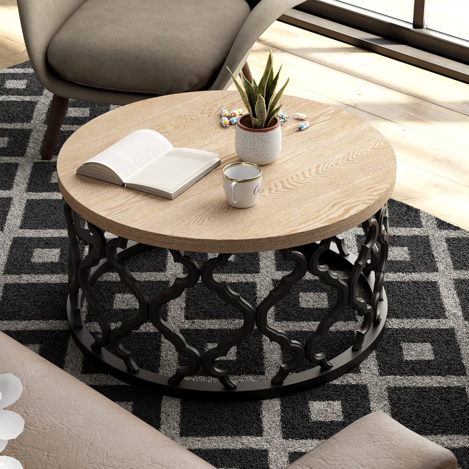 Round Natural Wood Coffee Table with Curved Motif Frame