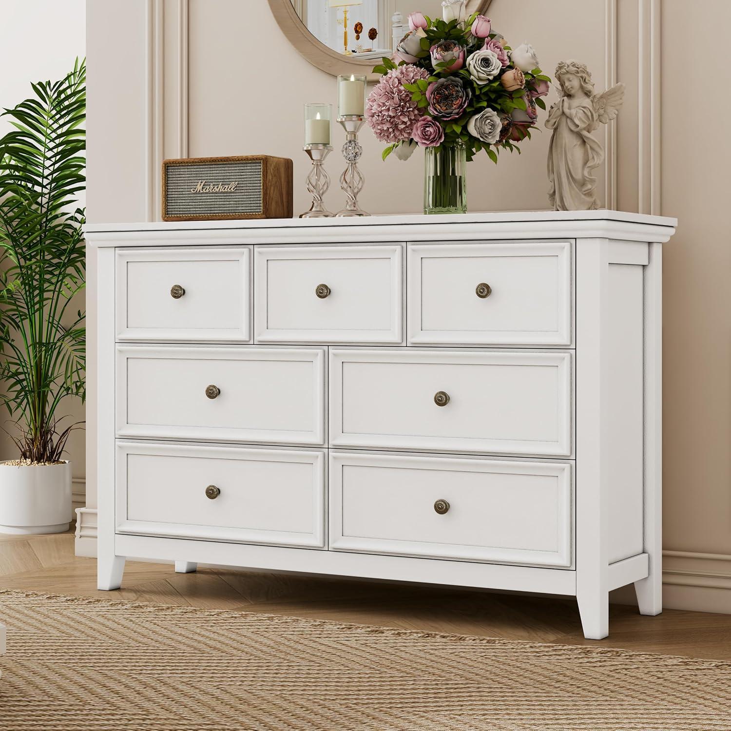 White Modern 7-Drawer Dresser with Metal Handles