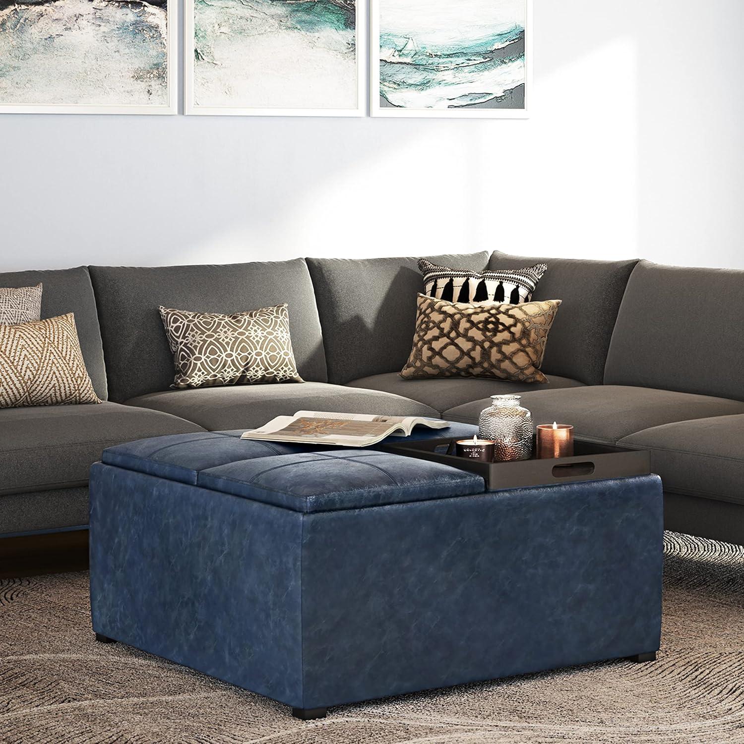 Avalon Denim Blue Square Storage Ottoman with Flip Trays