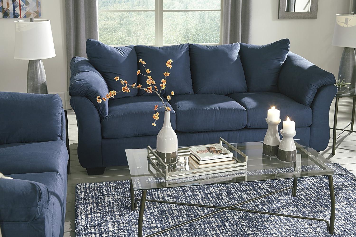 Roundhill Furniture Aruca Navy Blue Microfiber Pillow Back Sofa and Loveseat Set