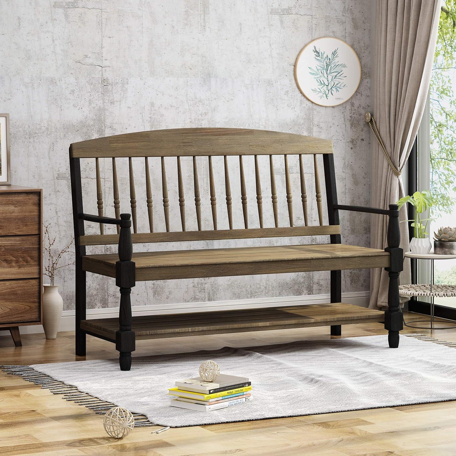 Eddie Rustic Gray Acacia Wood Bench with Spindle Backrest and Shelf