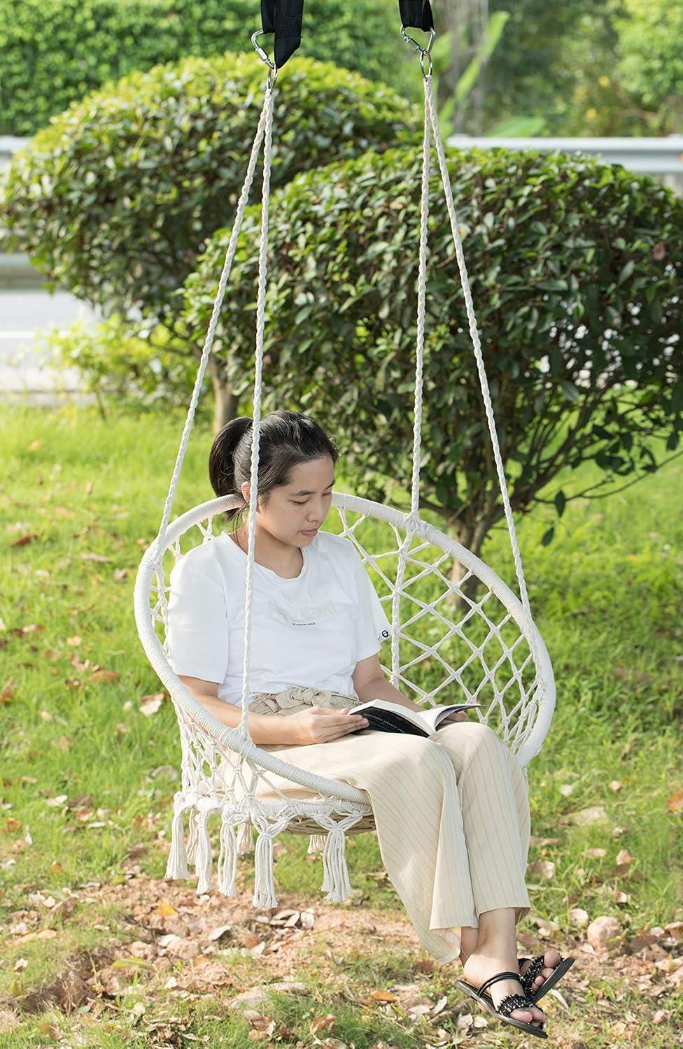 PLAYBERG Round Hanging Hammock Cotton Rope Macrame Swing Chair for Indoor and Outdoor