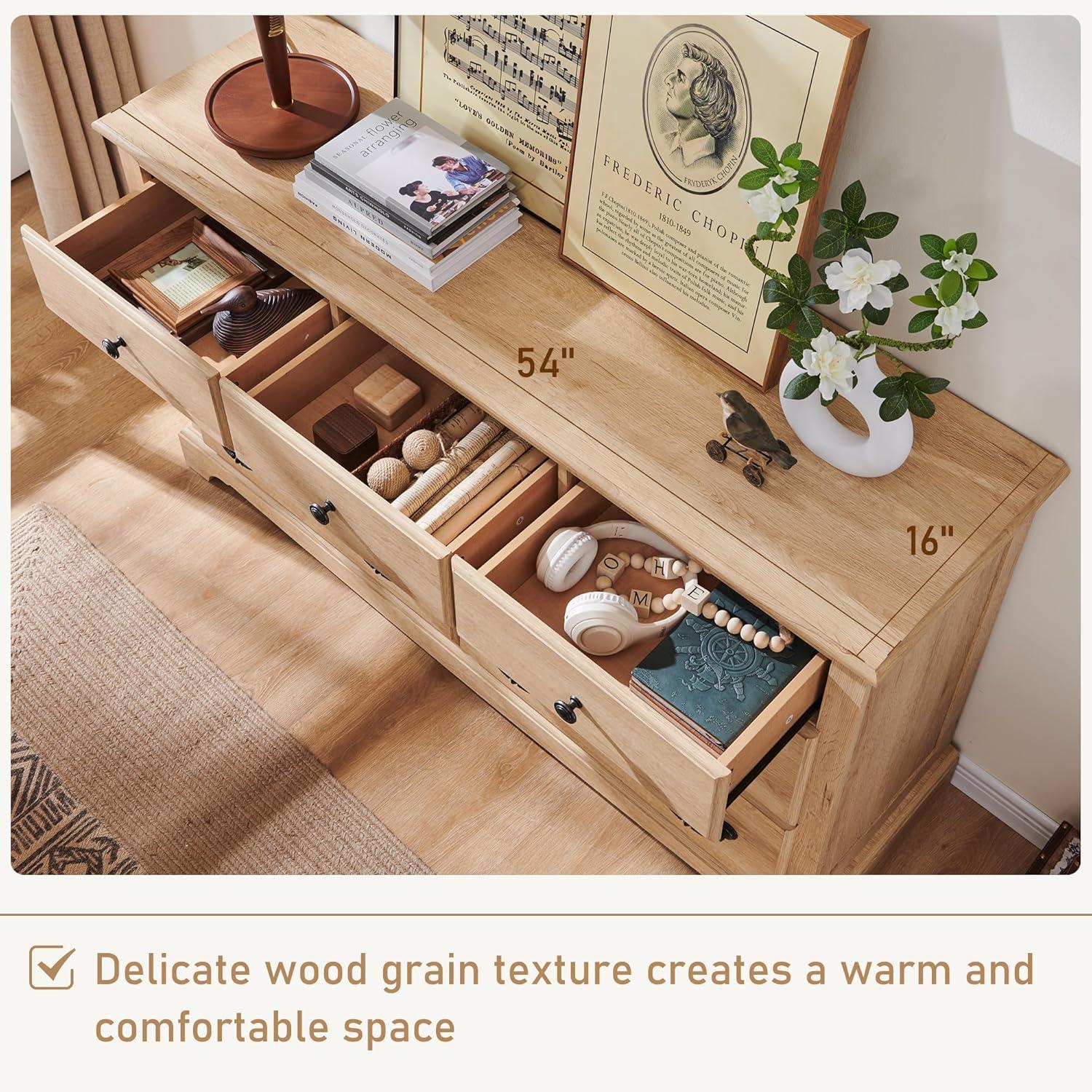 Natural Oak 7-Drawer Rustic Wood Dresser with Ball Bearing Slides