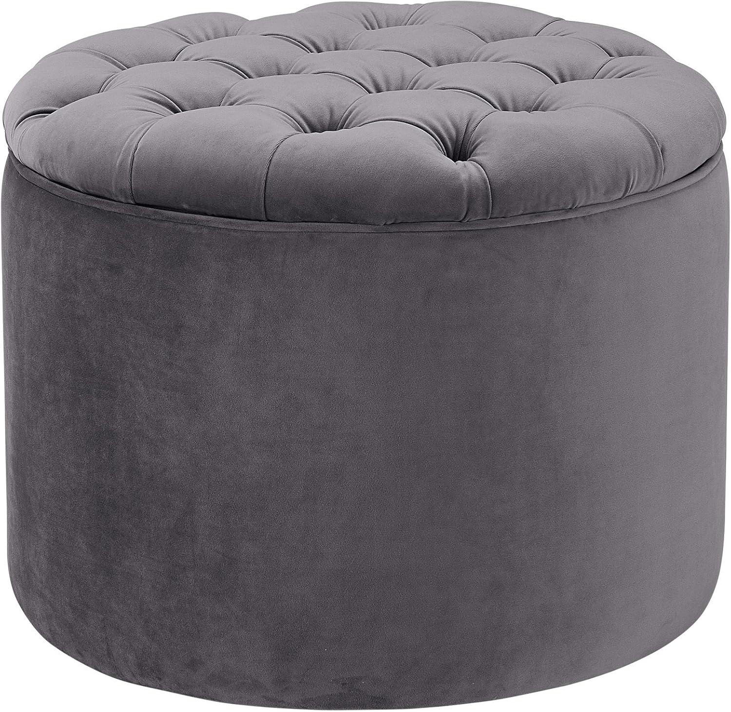 Contemporary Grey Velvet Tufted Round Storage Ottoman