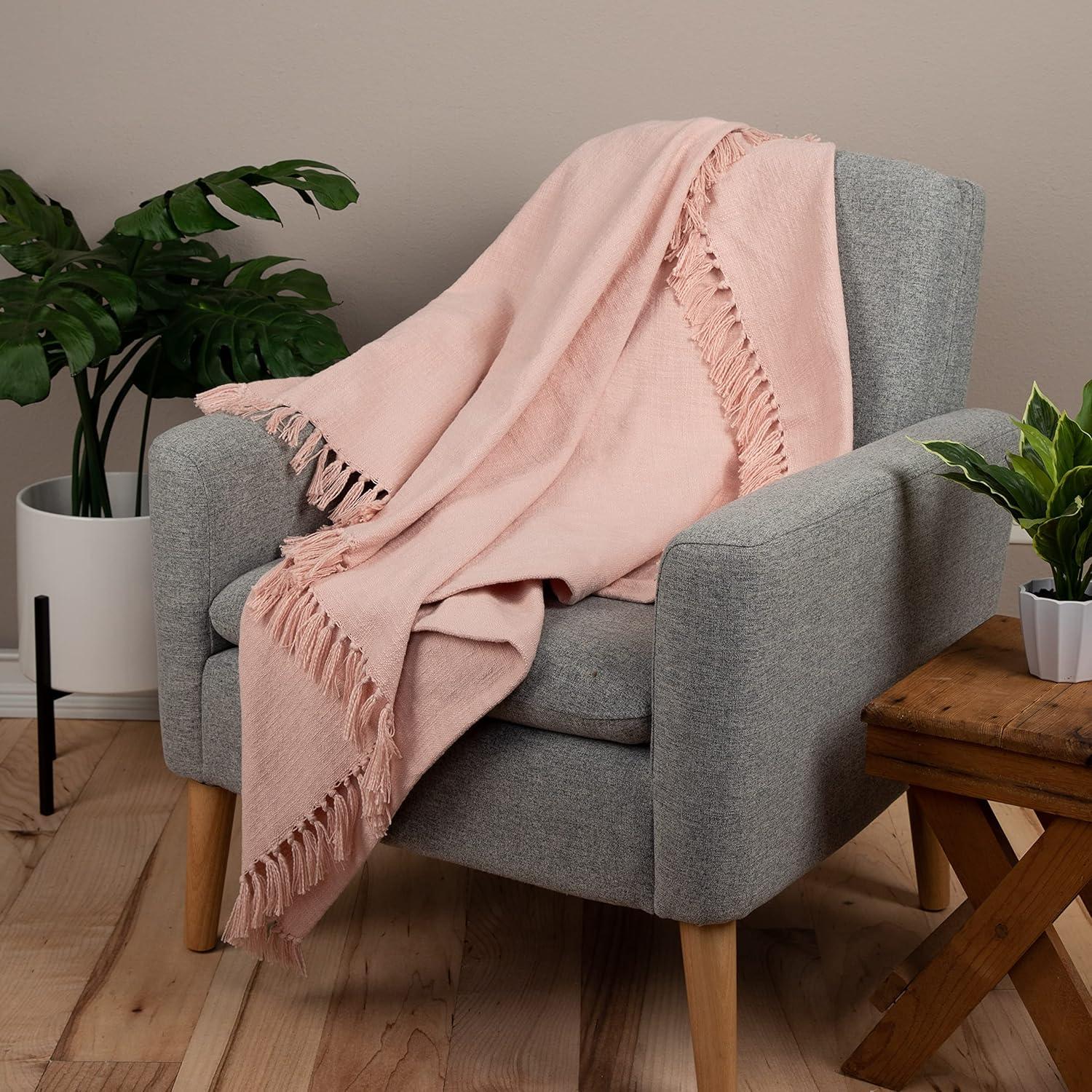 Sticky Toffee Cotton Throw Blanket for Couch, 60x50 in, Blush Pink Boho Woven Throw with Fringe, Textured Decorative Blankets