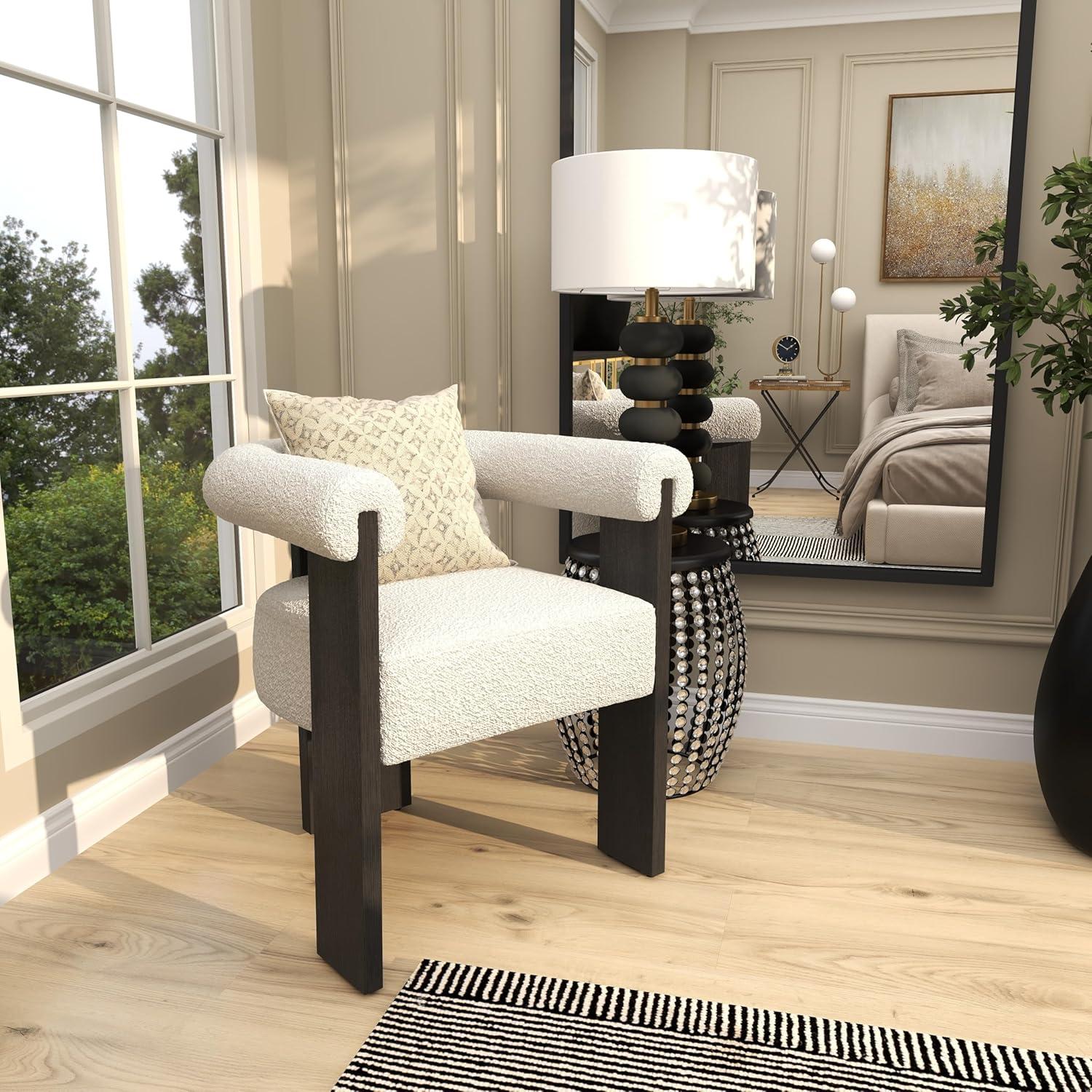 White Polyester Curved Back Modern Accent Chair with Black Wood Frame
