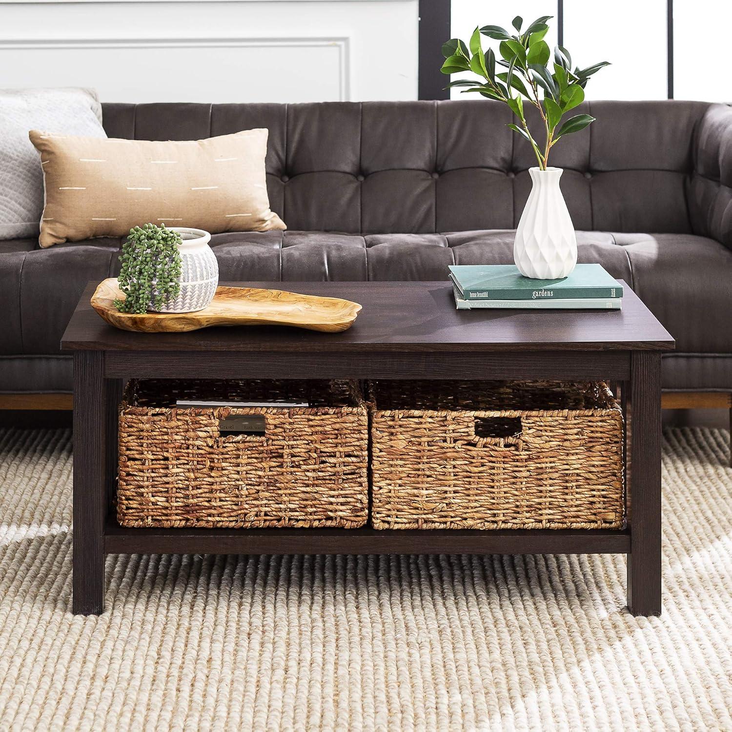 Walker Edison Traditional Storage Coffee Table with Bins, Espresso