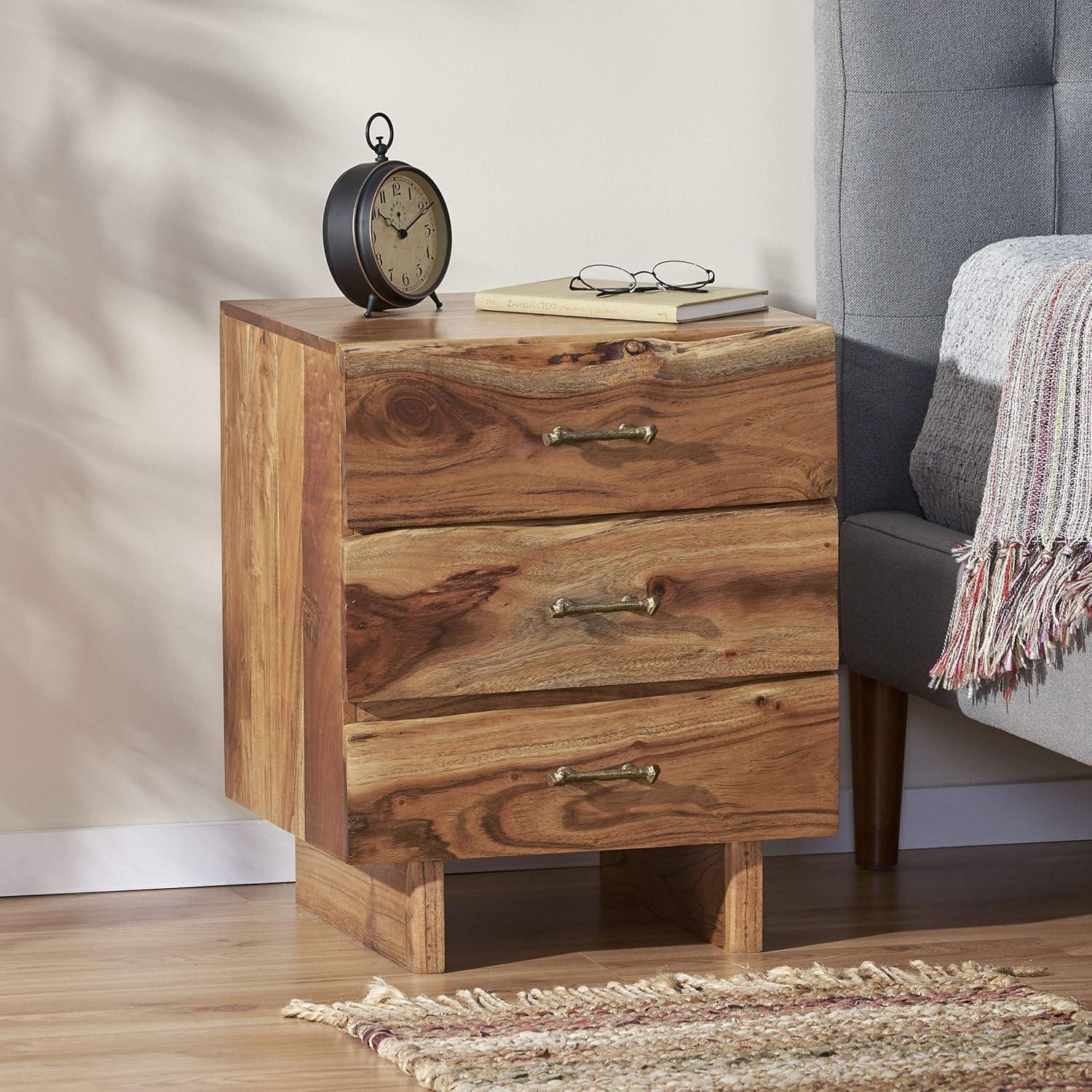 Terrell Handcrafted Boho Acacia Wood 3 Drawer Nightstand Dark Natural - Christopher Knight Home: Antique Brass Handles, Storage