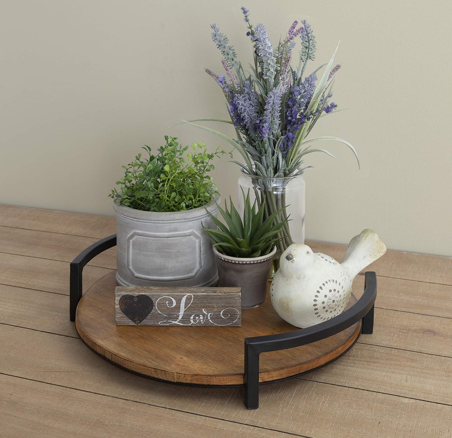 Rustic Brown Rubberwood Round Tray with Metal Handles