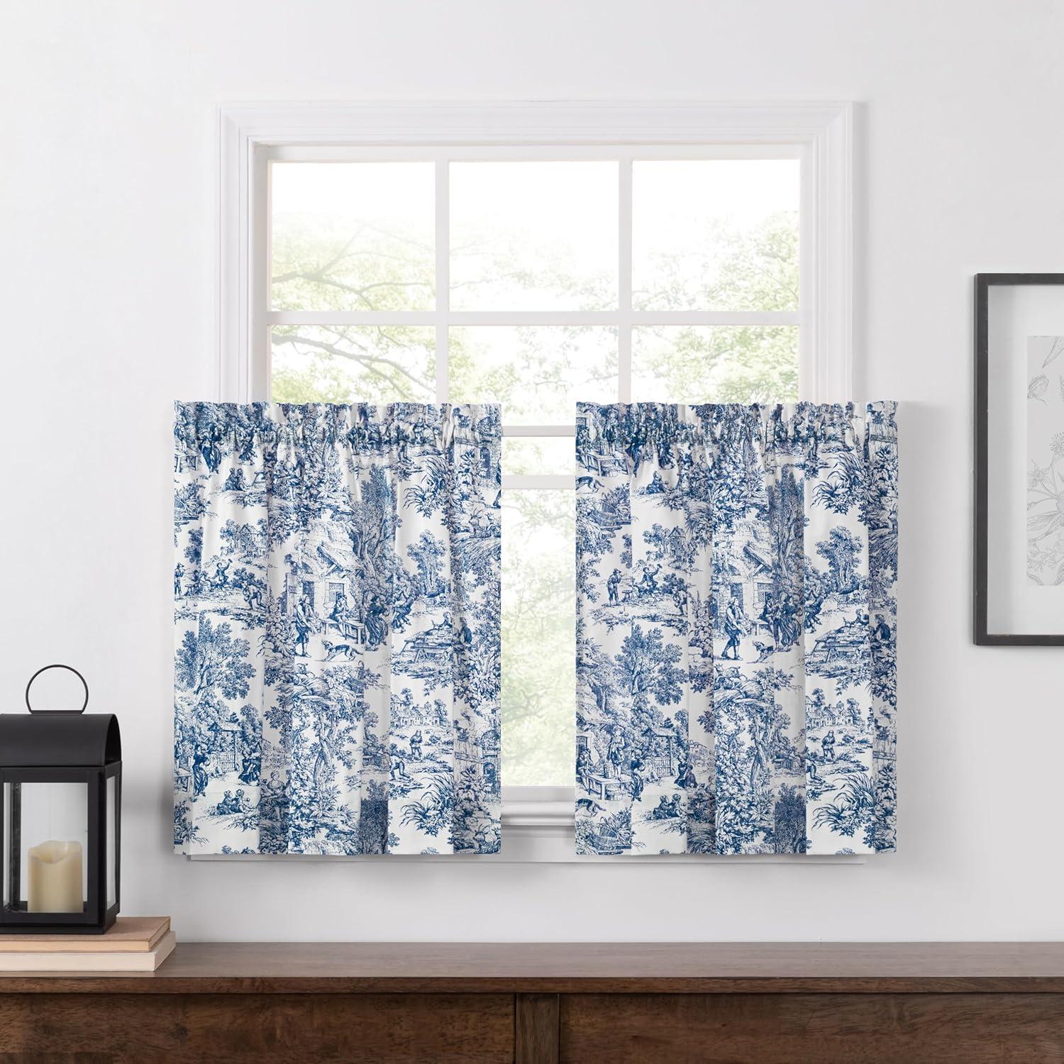 Ellis Curtain Victoria Park Toile Room Darkening Window Rod Pocket Pair Set With 2 Tiers - 2-Piece - 68x36", Blue