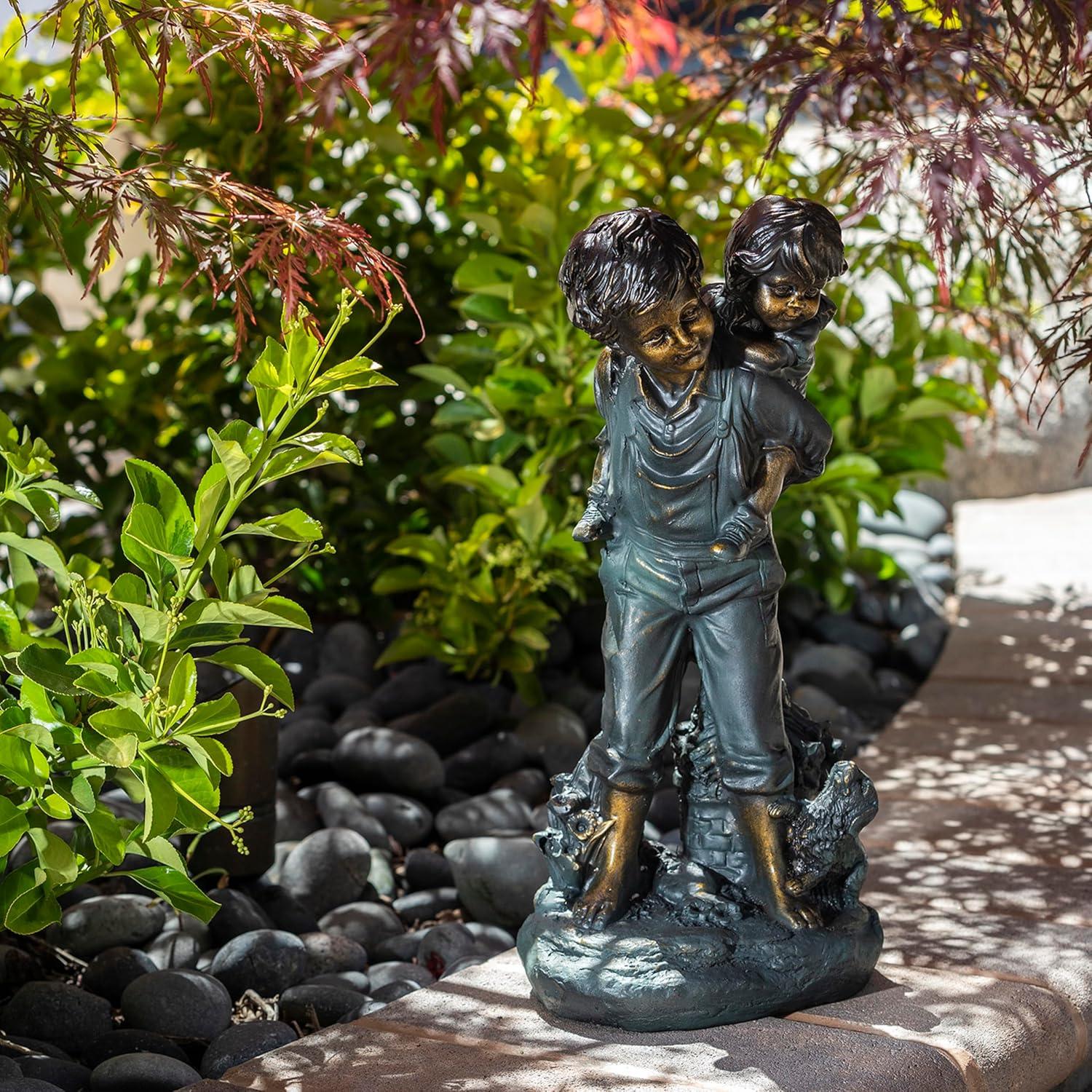 Alpine Corporation 16" Polyresin Girl and Boy with Dog Sitting on Bench Sculpture Bronze: Durable Outdoor Decor, Magnesium Oxide, Rust-Resistant