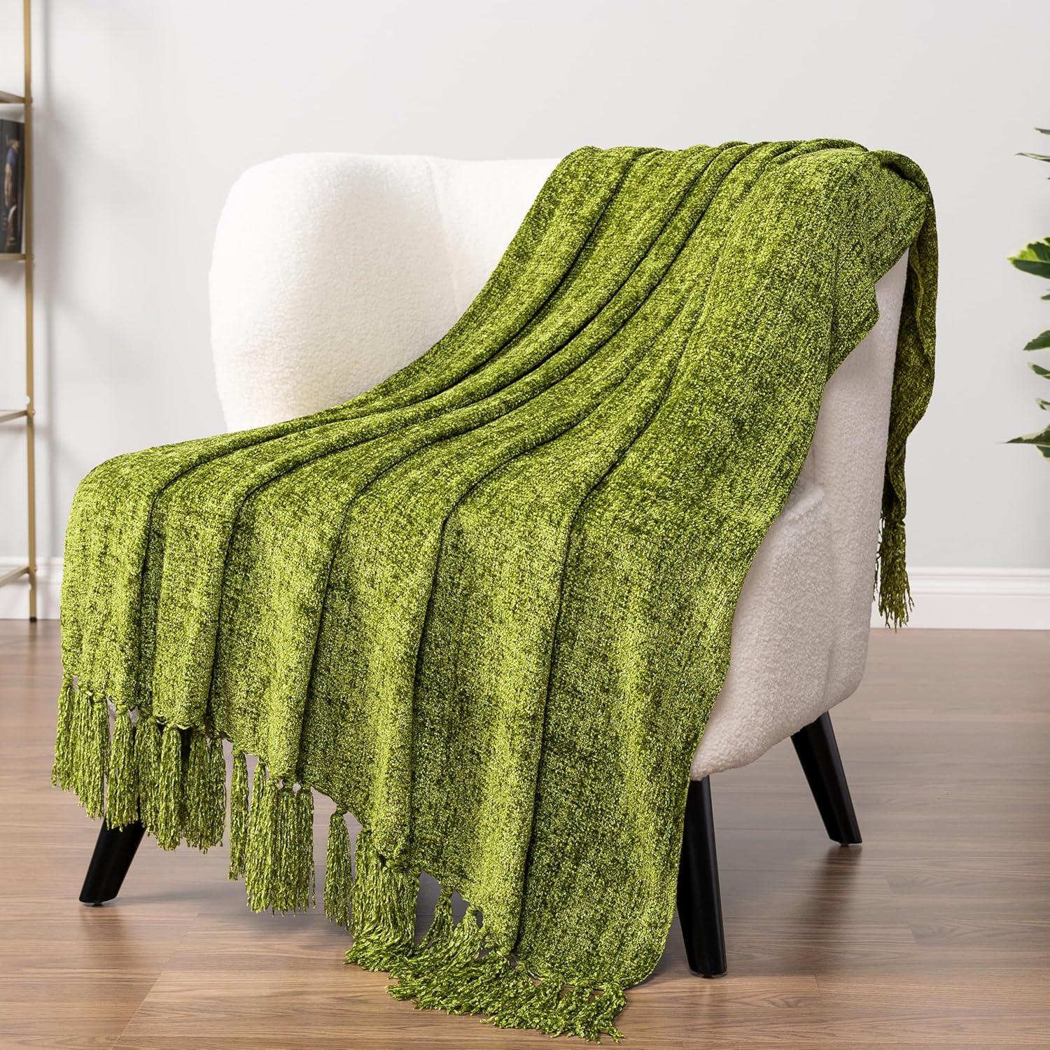 PAVILIA Chenille Throw Blanket with Woven Knitted Tassel Fringe for Couch, Living Room Decor and Bed