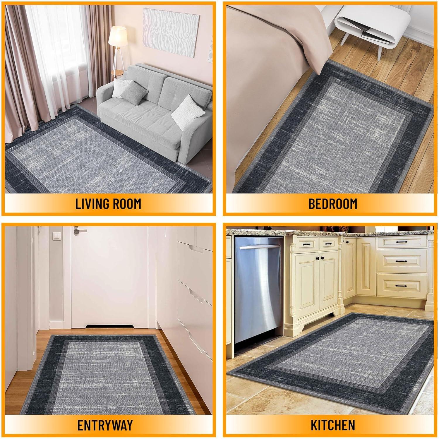 Machine Washable Non-Slip Bordered Area Rug For Living Room, Hallway Runner, Entryway Rug