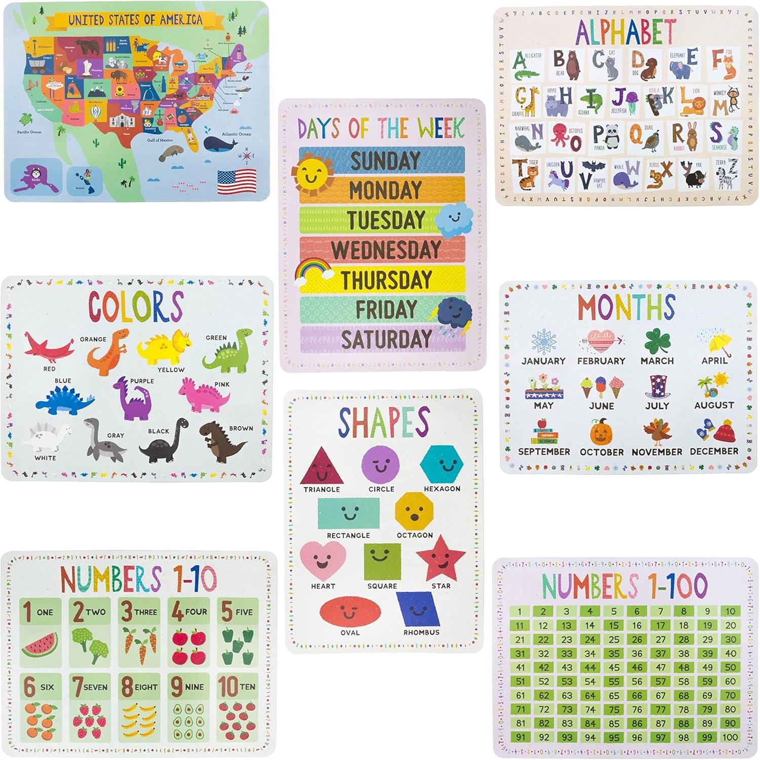 8-Pack Reversible Classroom Wall Posters 22" x 17" - Learn The Alphabet, Colors, Days, Months, Numbers, Shapes, & USA Map - Educational Posters by Pint-Size Scholars