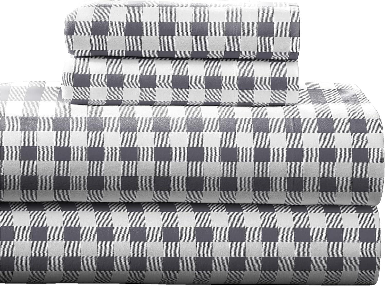Pointehaven 180 GSM 100% Cotton Grey Checkerboard Printed Flannel Deep Pocket 4 pc Sheet Set, Full