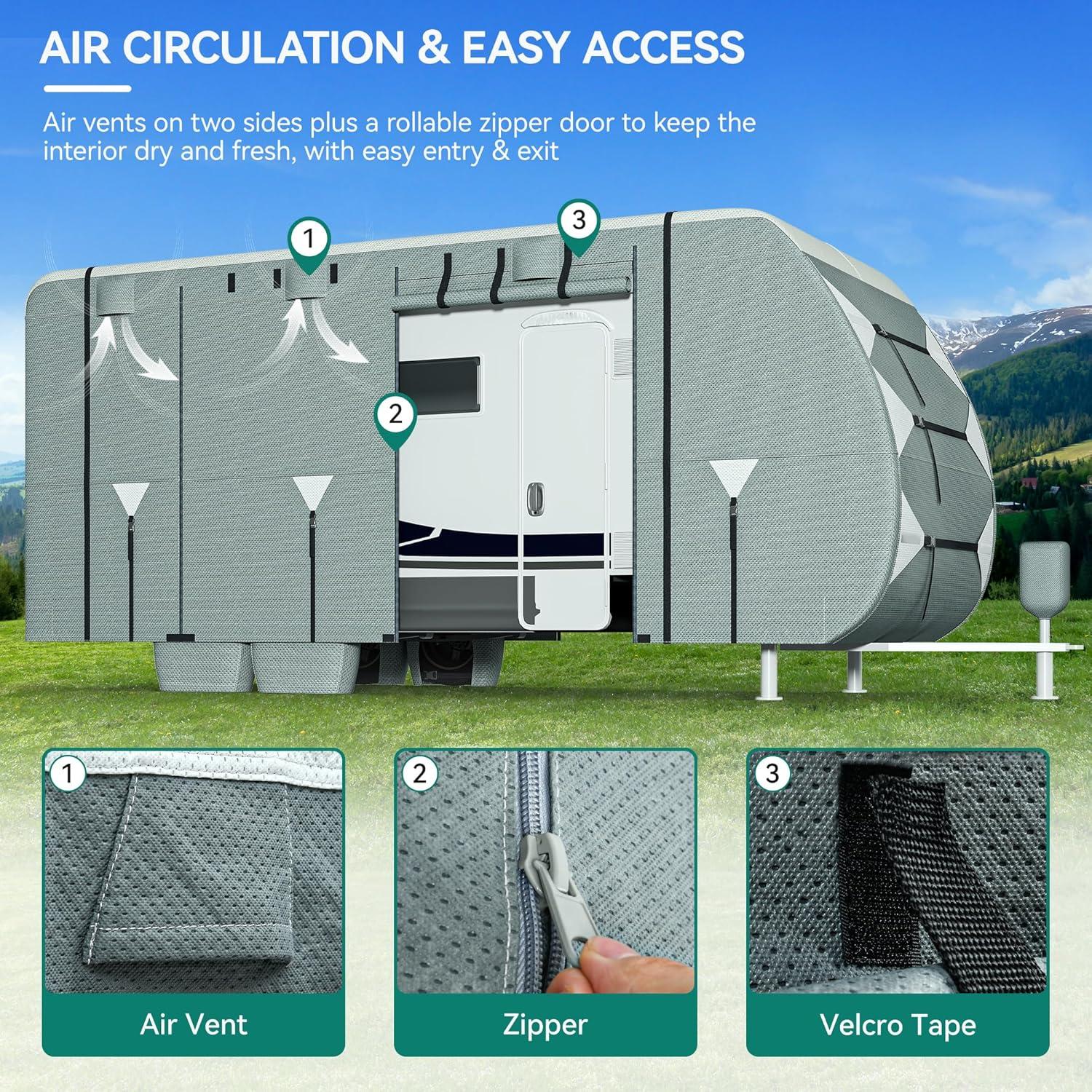 Travel Tailer RV Cover Camper Cover 27-30ft Super Thick Waterproof Windproof Anti-UV Rip-Stop Motorhome Covers with 2 Long Straps 4 Tire Covers Tongue Jack Cover