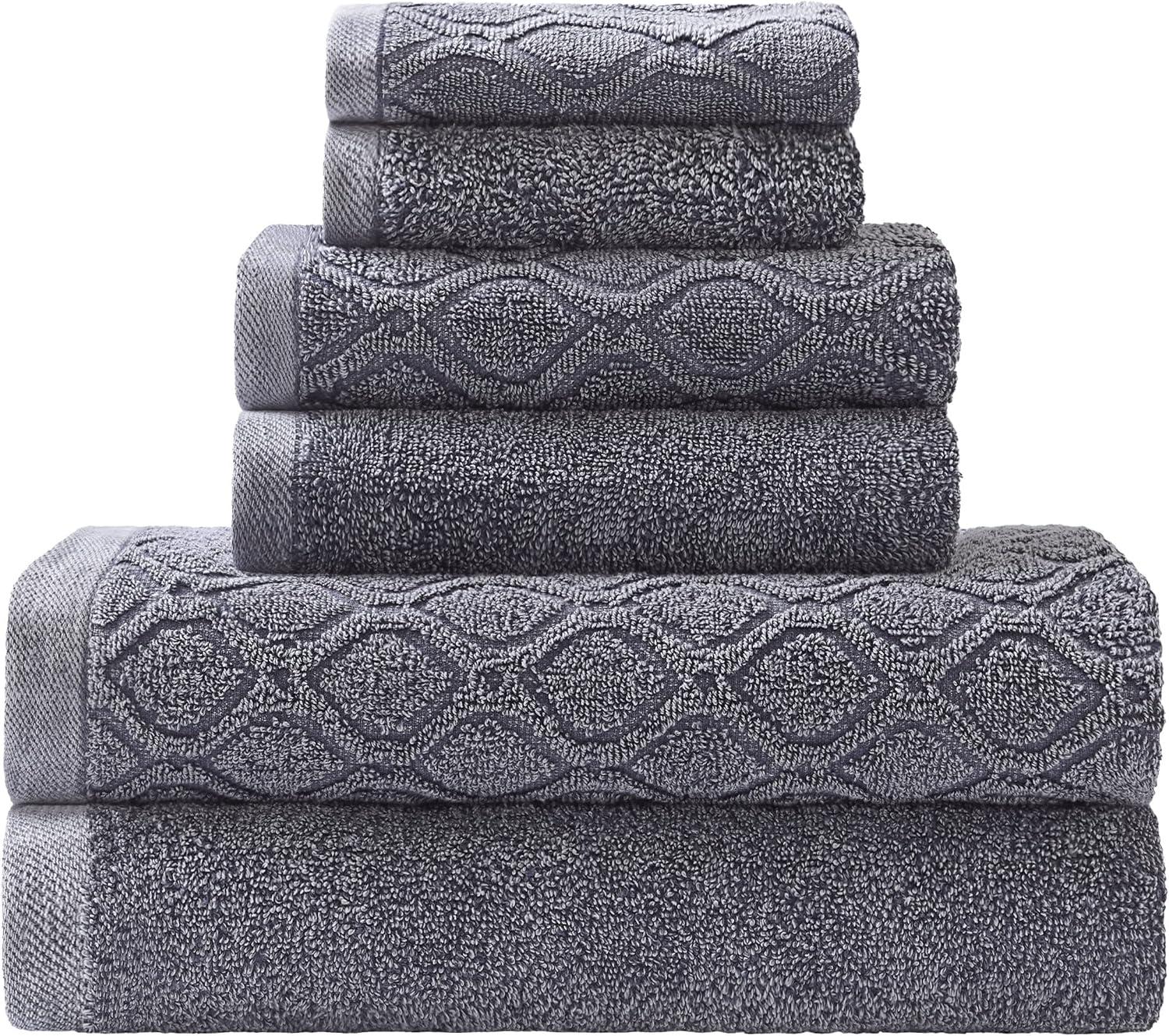 Superior Denim Wash 100% Cotton 550 GSM 6 Piece Bath Towel Set, 2 Face, 2 Hand, 2 Bath Towels, Ideal for Bathroom, Kitchen or Beach, Quick Dry, Jacquard & Solid, Mid-Weight, Navy Blue