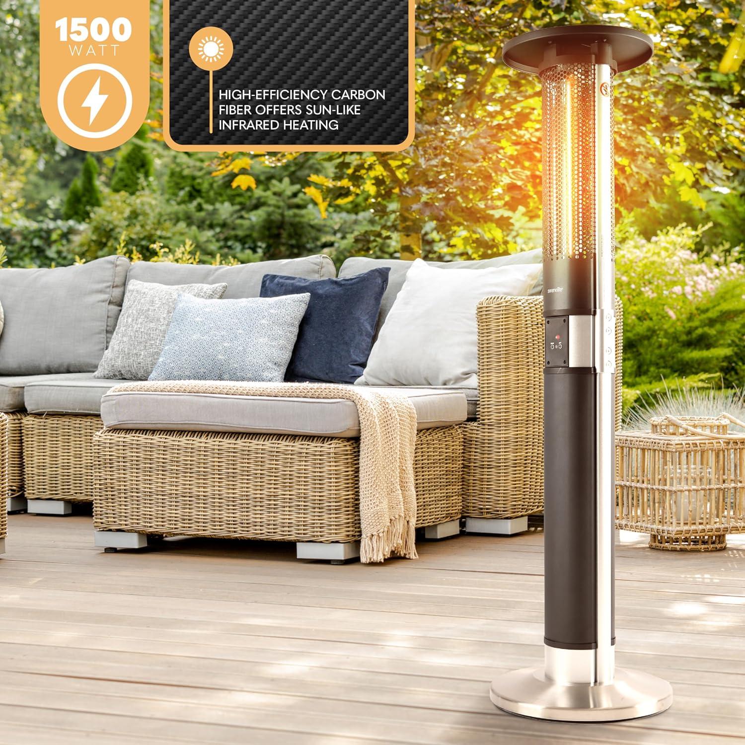 SereneLife 1500W Infrared Patio Heater, Electric, Indoor/Outdoor, Portable Tower, Remote Control, Black (SLOHT44)