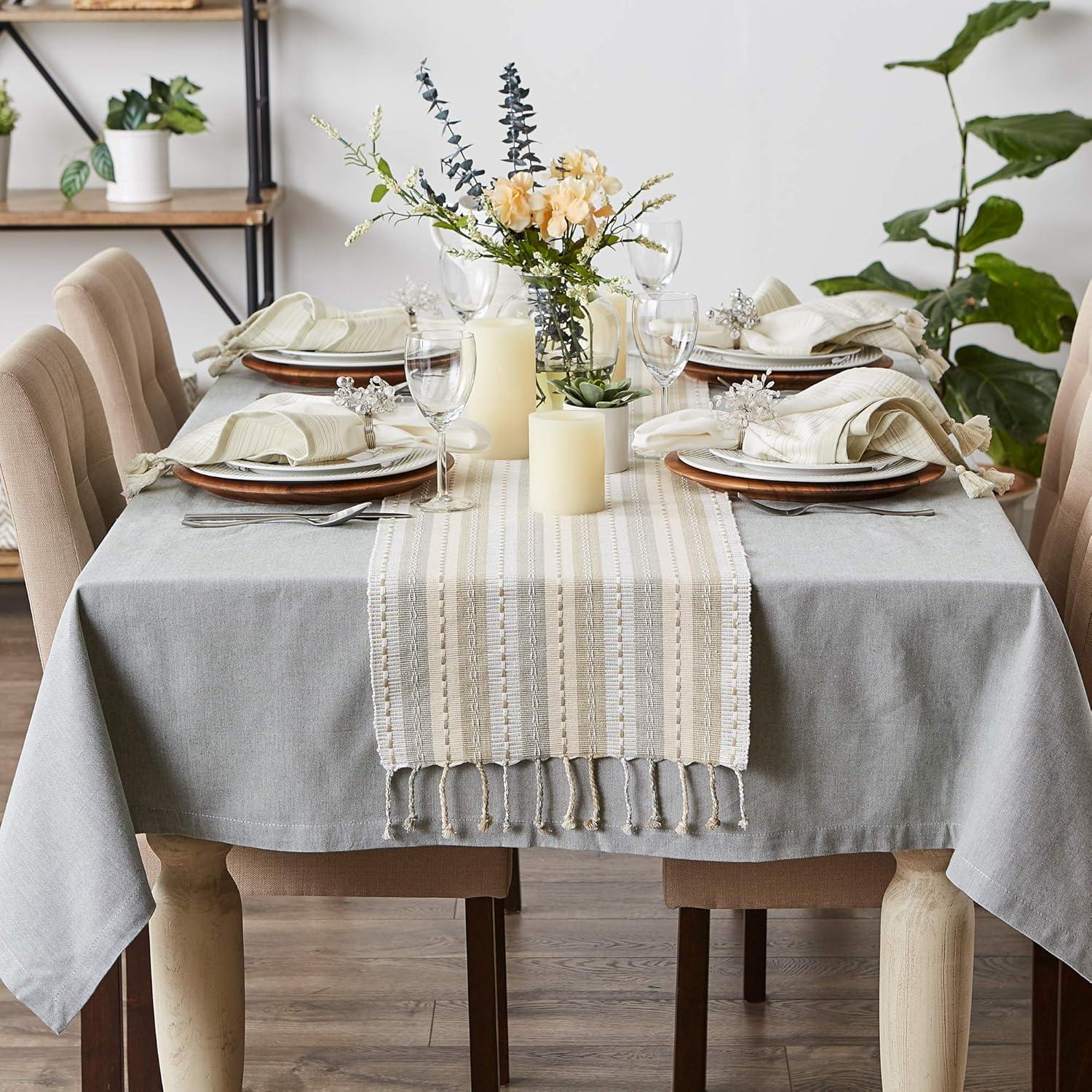 Natural Cotton Tonal Stripe Fringe Table Runner 14x72