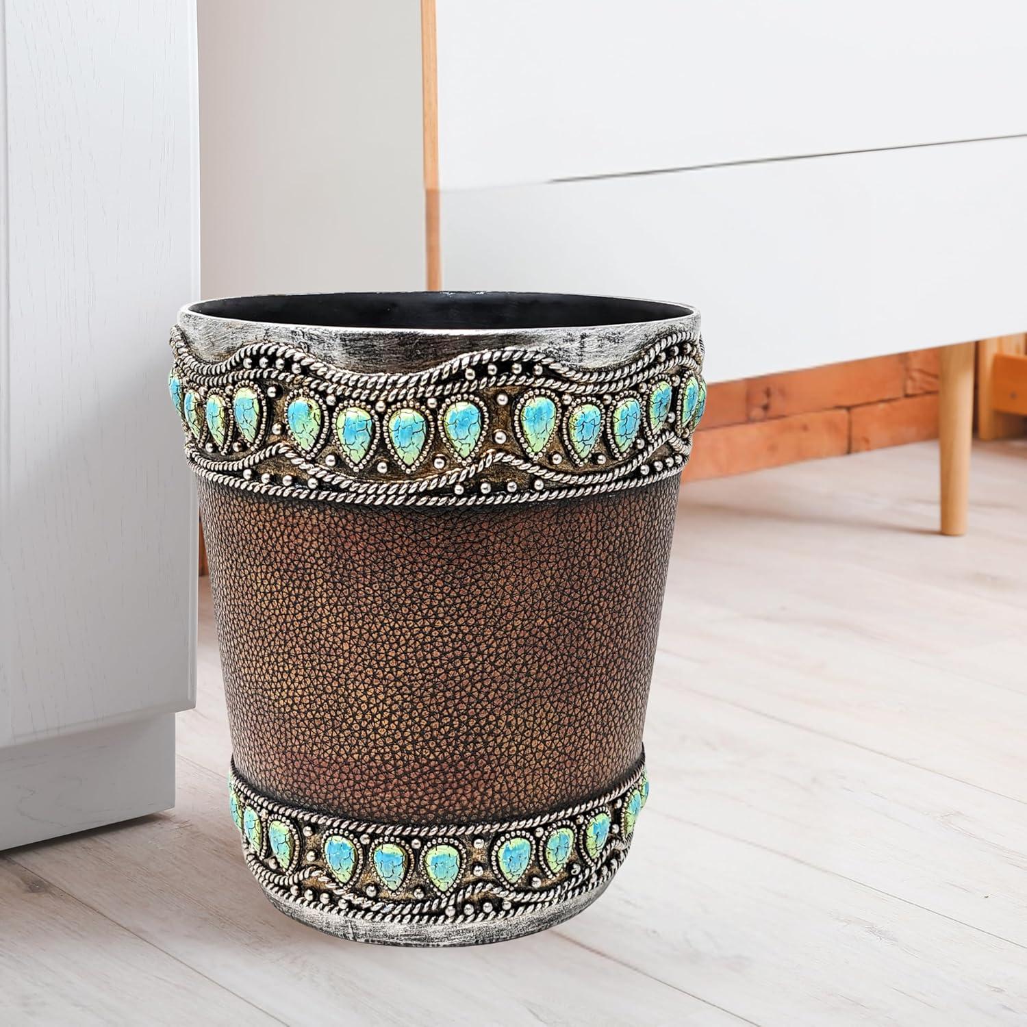 Decor Idea Decorative Resin Faux Leather Small Wastebasket with Turquoise Gem - Southwestern Rustic Trash Bin