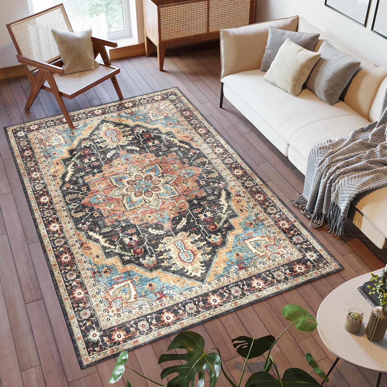 Gertmenian Crystal Print Tiefi Black Beige Multi Traditional Medallion Washable Flat Pile Indoor Area Rug
