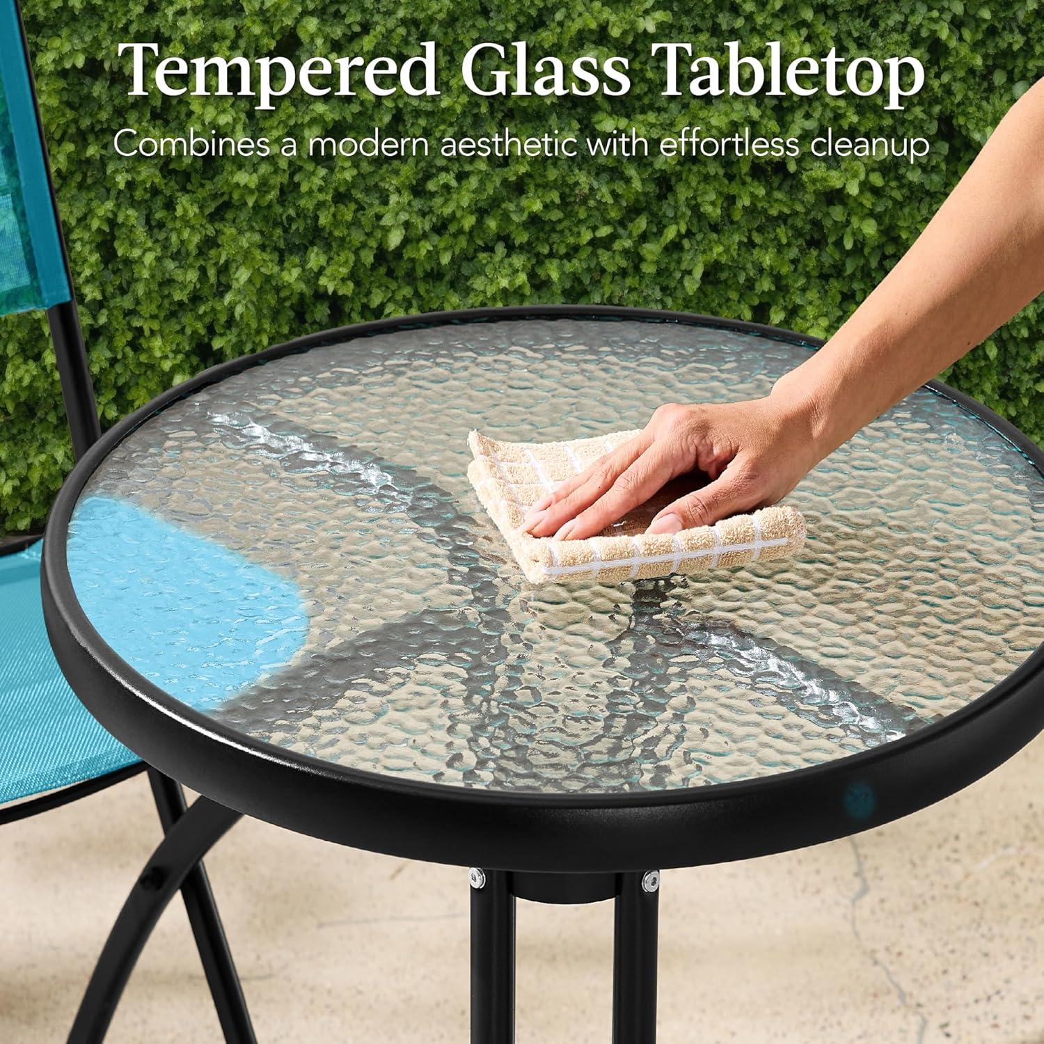 George Oliver 3-Piece Patio Bistro Dining Furniture Set W/ Glass Tabletop, Folding Chairs