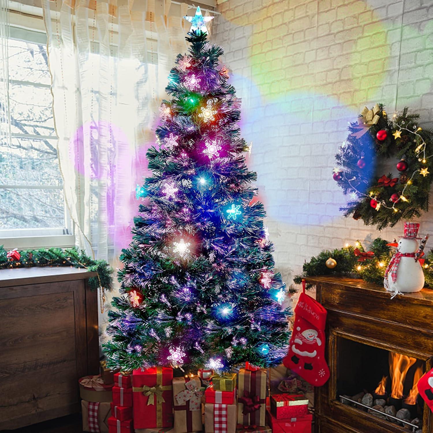 6 ft Pre-Lit Fiber Optic Christmas Tree with RGB LED Lights and Snowflakes