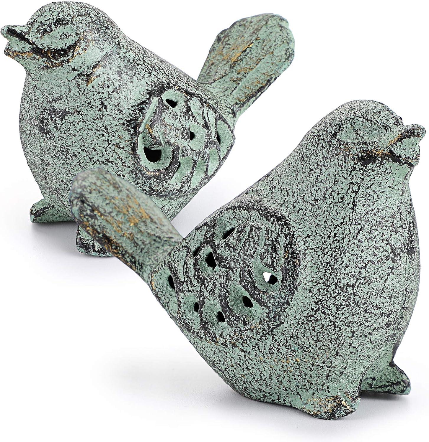 Green Cast Iron Hollow Carved Bird Sculptures Set