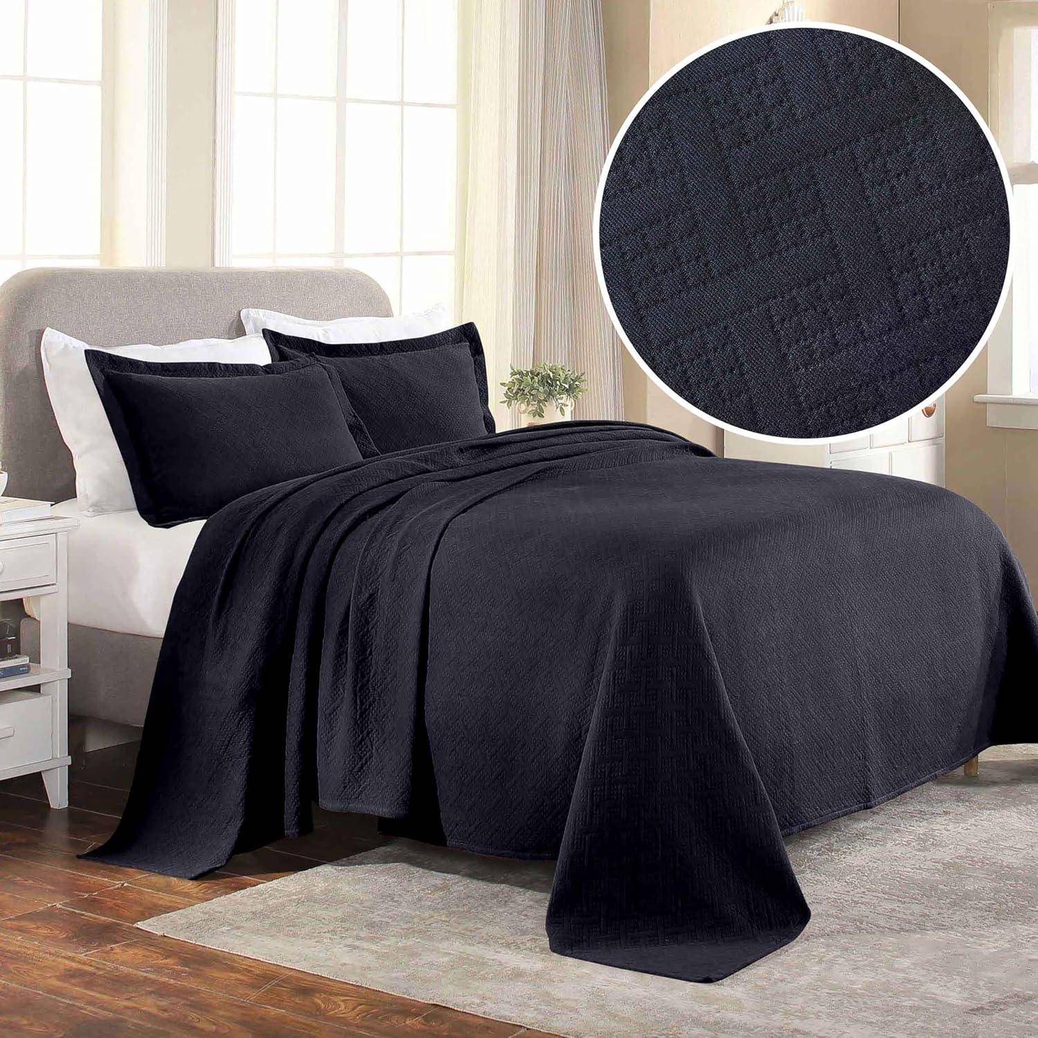 Superior 100% Cotton Basket Weave Bedspread 3 Piece Set, Queen, Navy Blue