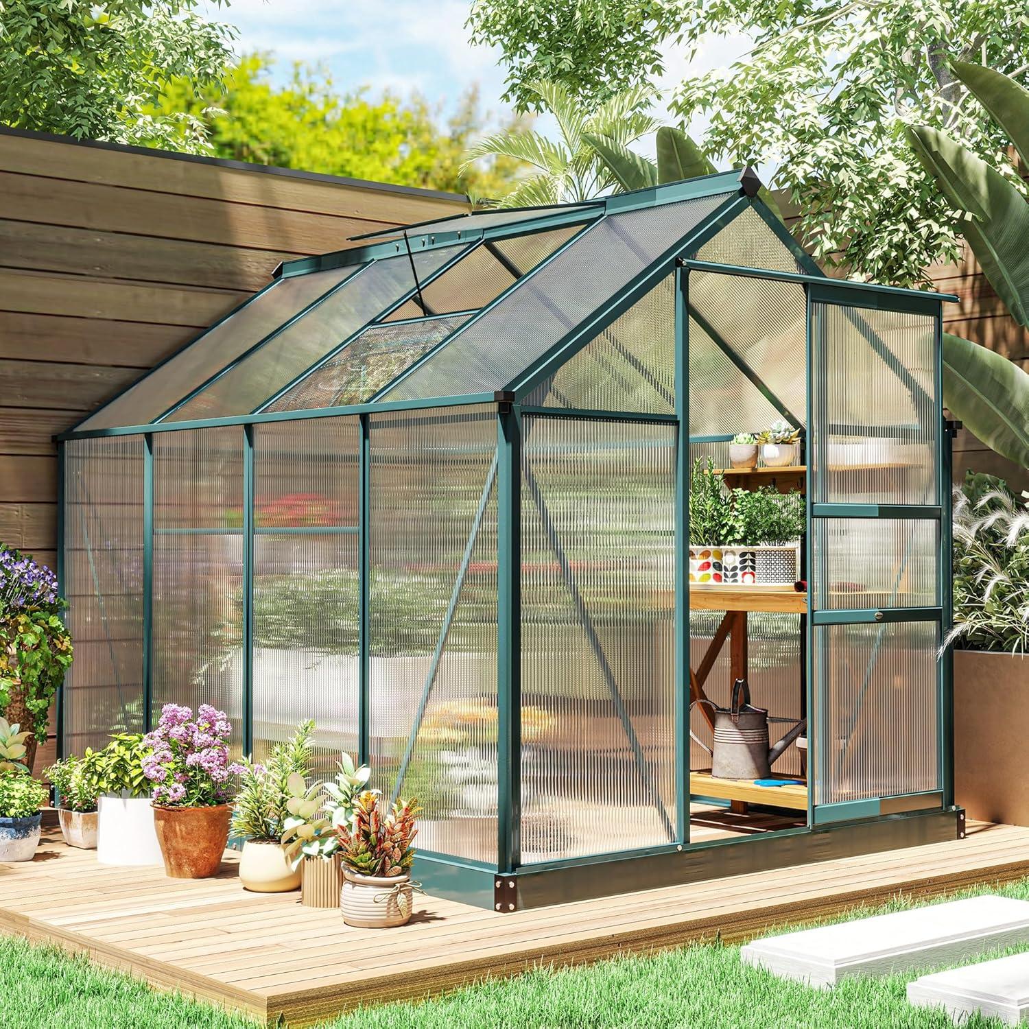 Dark Green Polycarbonate Walk-In Greenhouse with Aluminum Frame