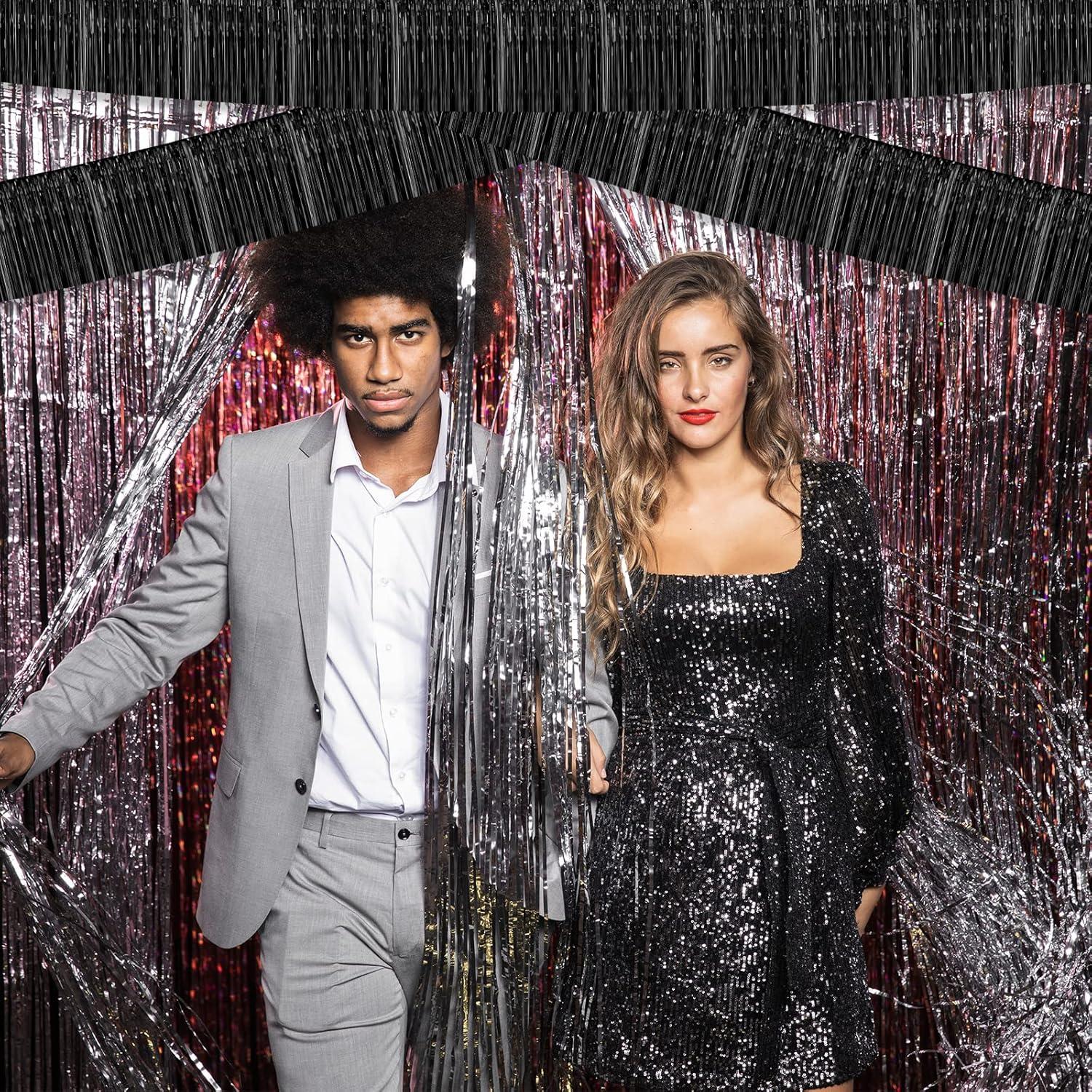 6 Pack 10 Feet Metallic Foil Fringe Garland Tinsel Streamers, Boriyuan Wall Hanging Fringe Backdrop Banner for Parade Floats, Wedding, Birthday, Christmas, New Year Party Decorations (Black)