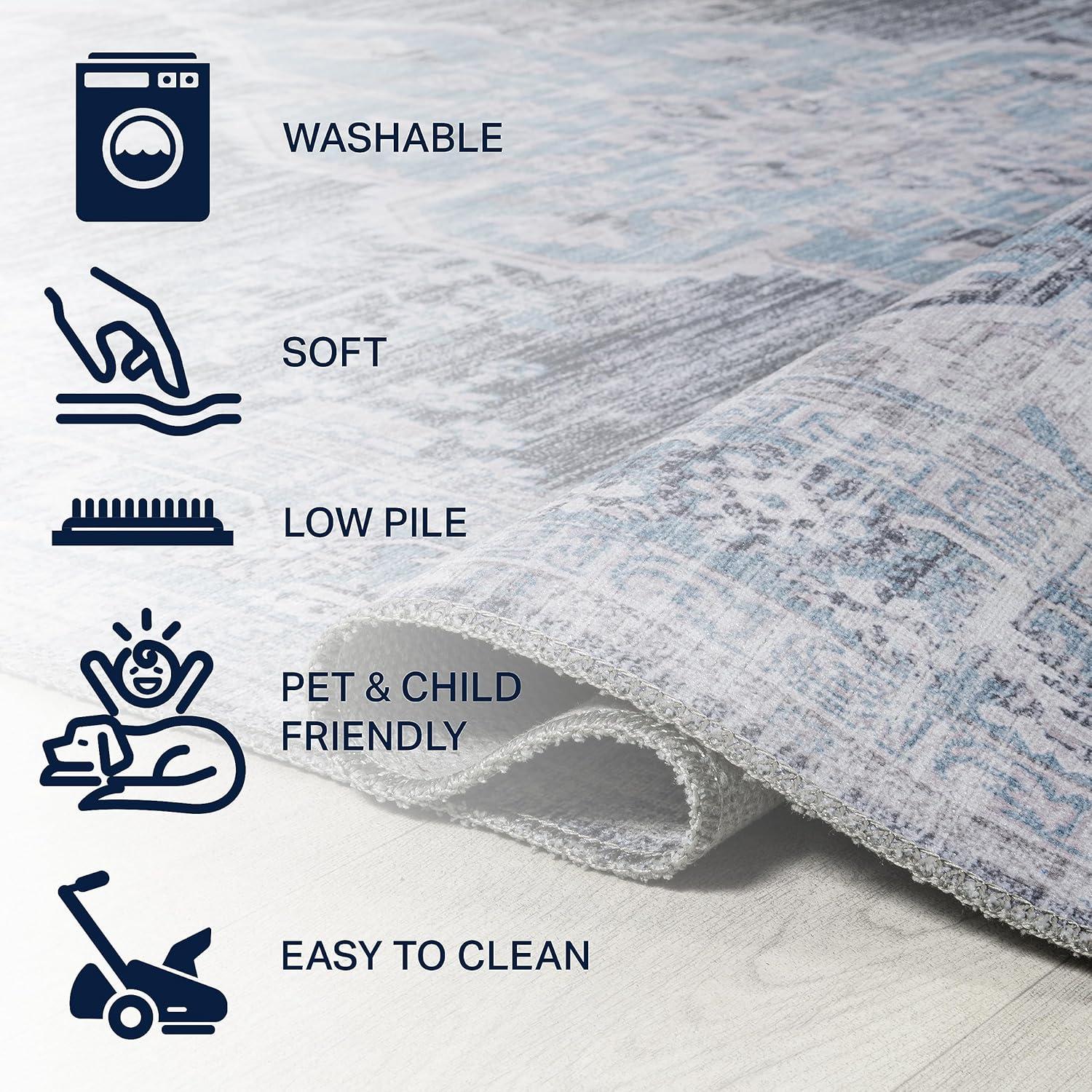 Wincer Chenille Cottage Medallion Machine-Washable Gray/Blue/White 5 ft. x 8 ft. Area Rug - JONATHAN Y