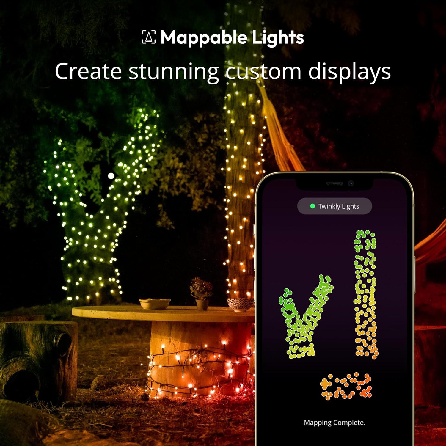 Twinkly Strings 250 LED RGB+White, in- and Outdoor LED Light String, Smart Multicolor LED Lights, Mappable LEDs, Compatible with Alexa and Google Home, IP44, Green Wire, 65ft