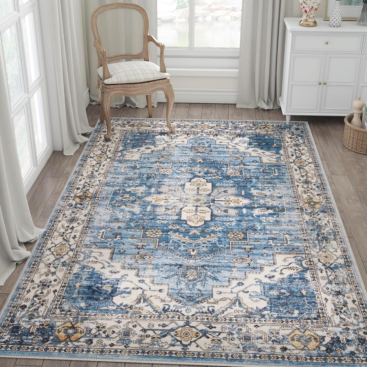 Hasoo 3' x 5' Area Rug Medallion Print Distressed Entryway Rug Persian Soft Foldable Accent Rug for Bedroom Living Room, Blue