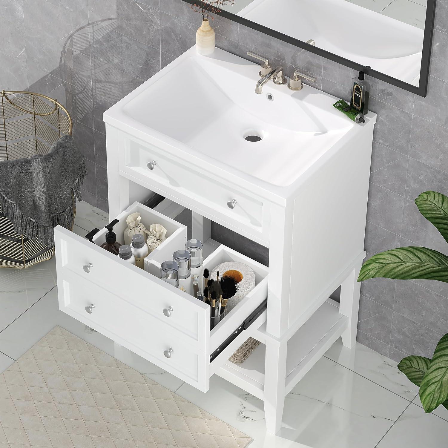 White 24'' Freestanding Bathroom Vanity with Ceramic Sink