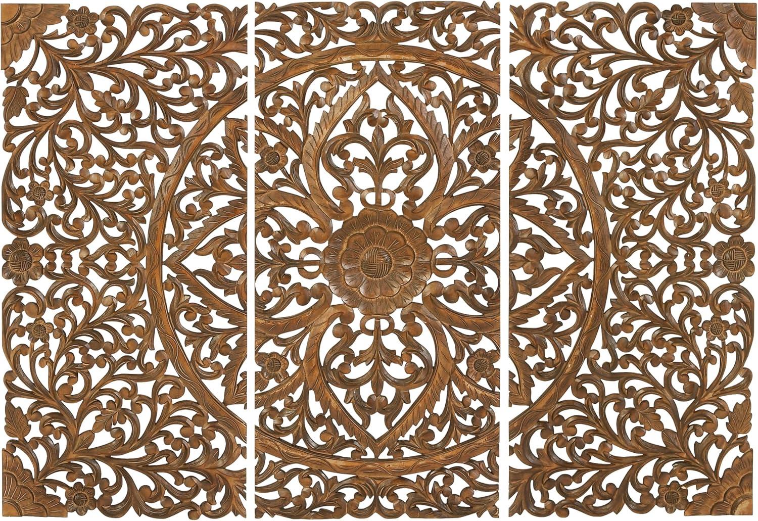 Brown Hand-Carved Floral Wood Wall Decor Set