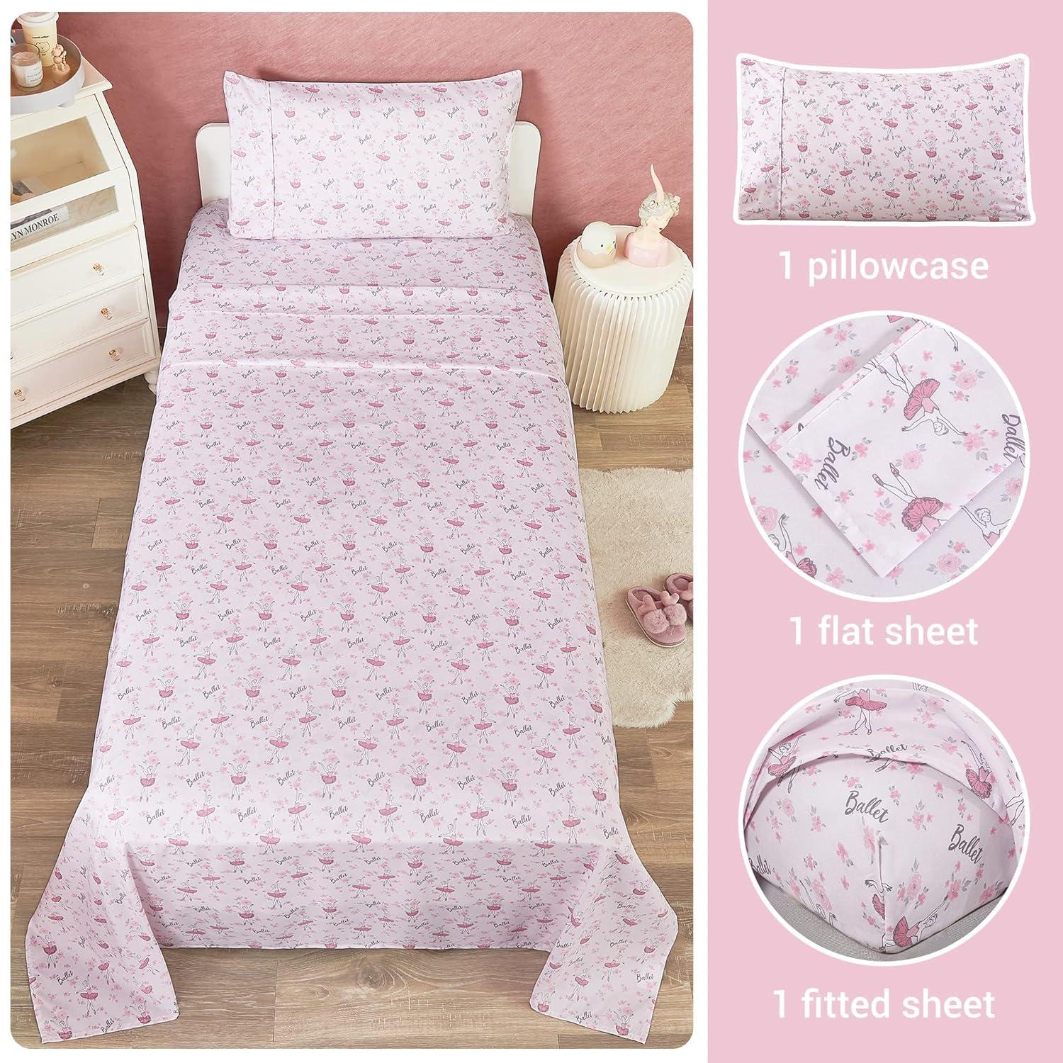 Softan Kids Bed Sheet Set, Girls Twin Size Sheets, Microfiber Fitted Sheet and Pillowcase, Breathable and Silky Soft, 3 Piece Castle Princess Printed Twin Bed Sheet