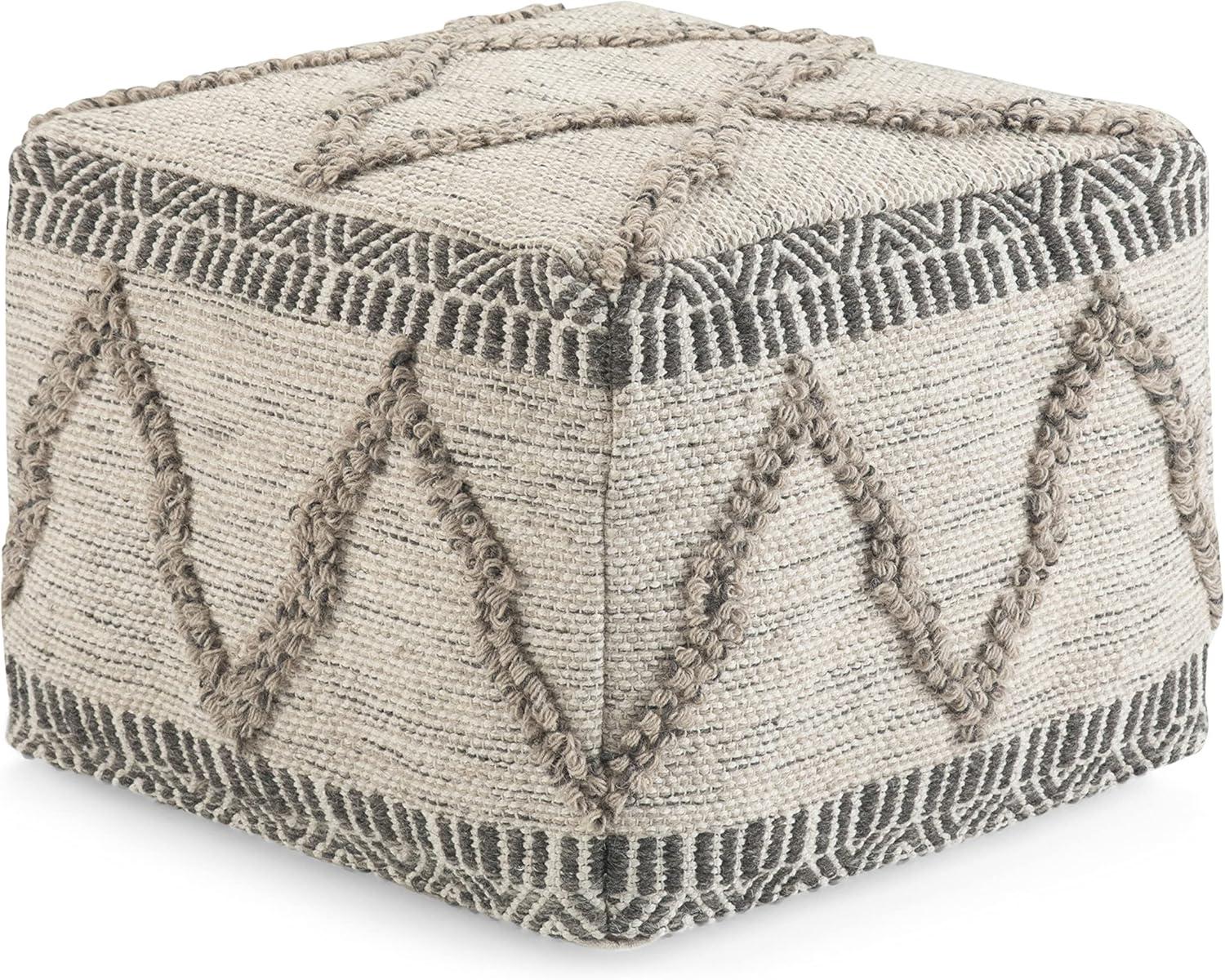 Sweeney Boho Handloom Woven Wool-Cotton Square Pouf in Grey Natural